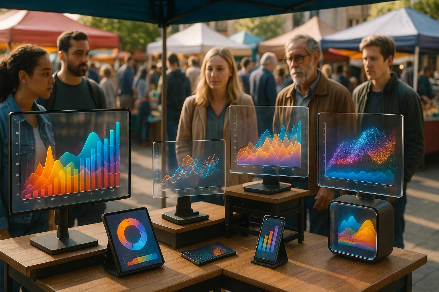 A vibrant outdoor market stall displaying an array of AI-enhanced data visualization gadgets, with intricate graphs and charts projected onto transparent panels, surrounded by curious visitors exploring the innovations.