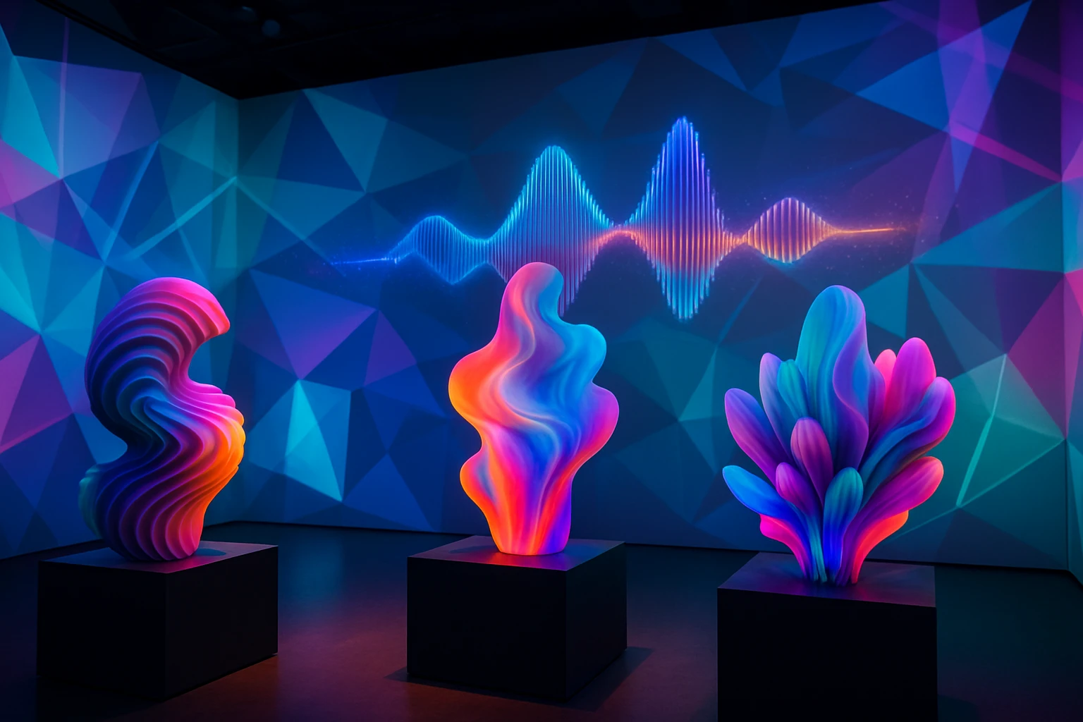 A colorful, interactive gallery installation featuring AI-generated sculptures that dynamically change shapes and colors, set within a futuristic room with abstract geometric patterns projected on the walls, and digital soundwaves visible in mid-air.