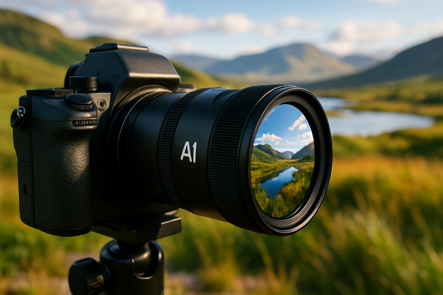 A close-up of a professional camera with an AI-powered lens attachment outdoors, capturing a vibrant landscape, showcasing the technology's capacity to enhance natural details and colors in real-time.