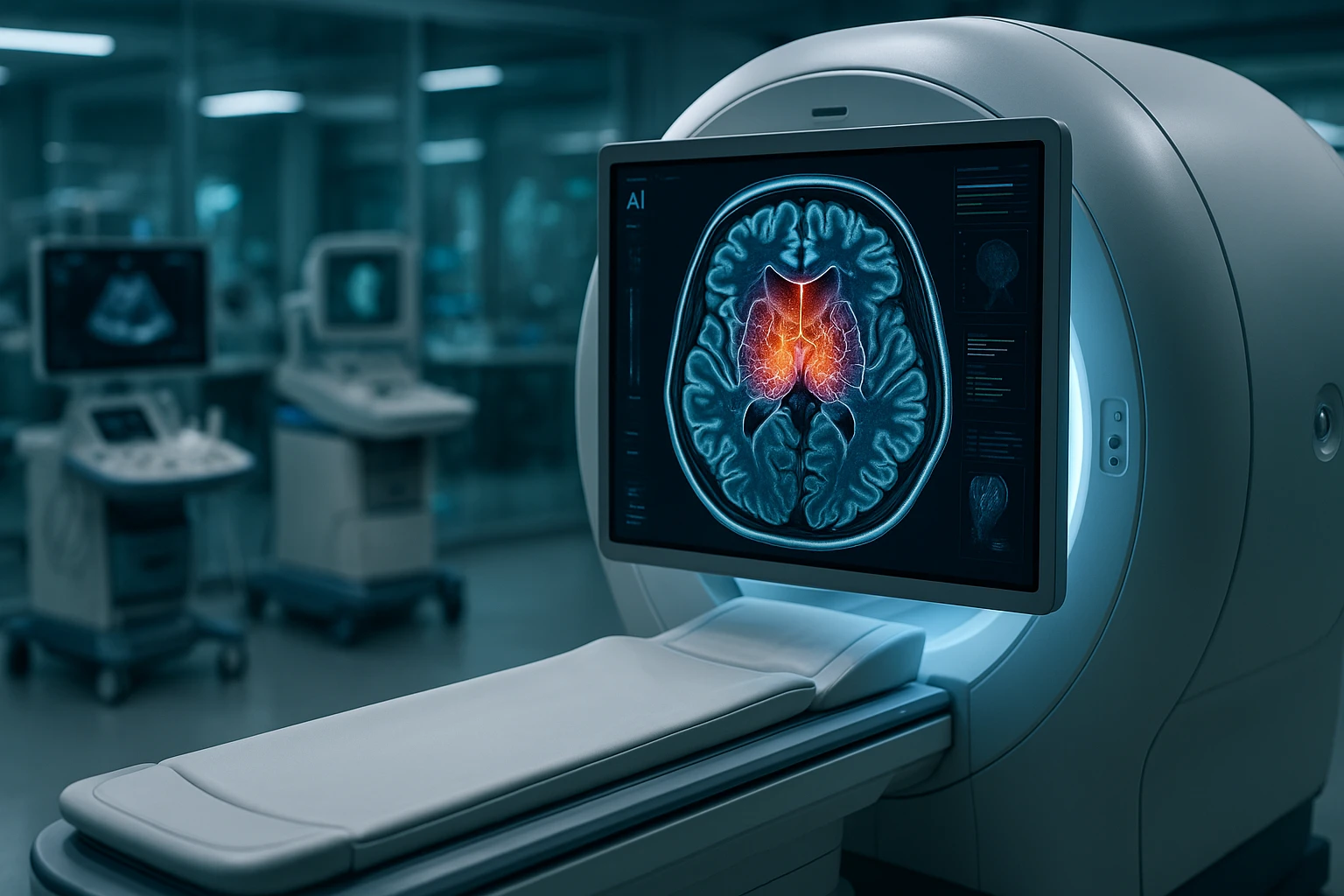 A futuristic laboratory with various AI-powered medical imaging devices, where an AI-enhanced MRI machine is in focus, its screen displaying a highly detailed scan of the human brain, emphasizing advanced anomaly detection capabilities.