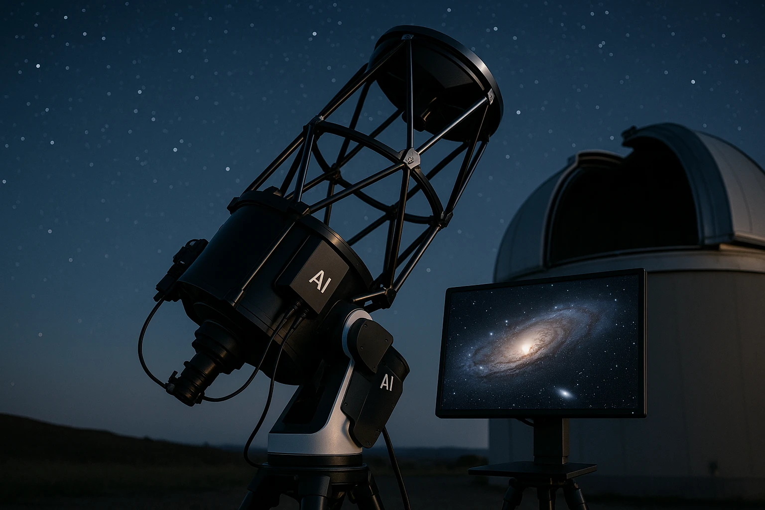 A cutting-edge AI-powered telescope in a remote observatory, capturing a detailed image of a distant galaxy on a clear night, highlighting the enhancement of celestial details and clarity through artificial intelligence.