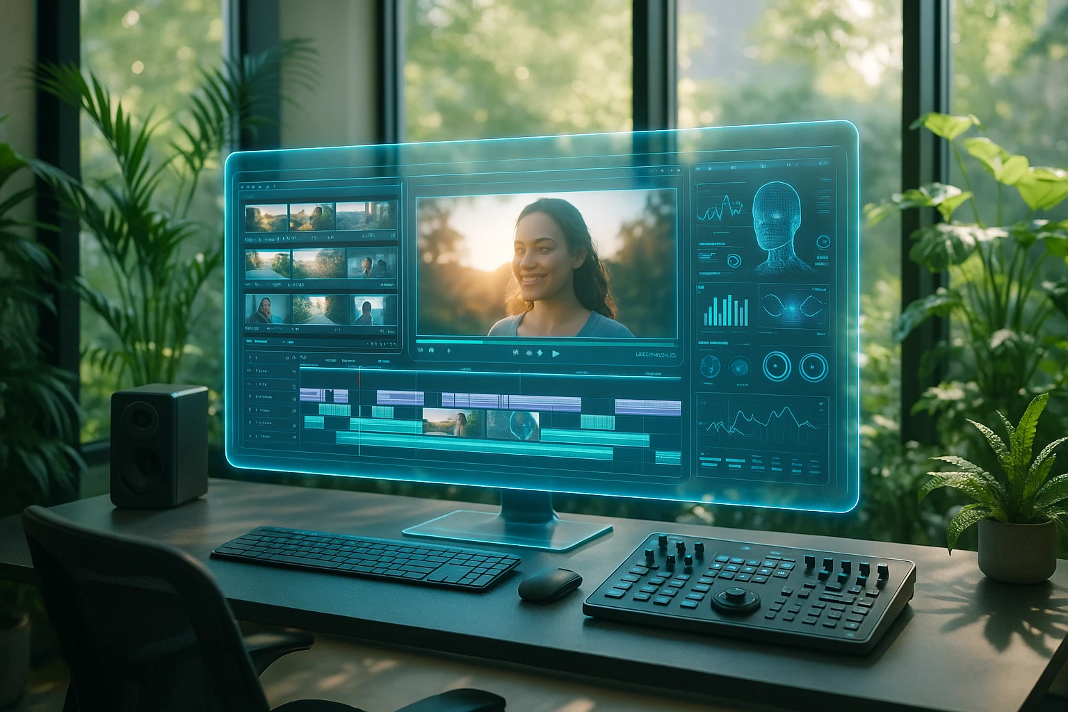 A futuristic editing suite with a large holographic interface, displaying video clips and AI analytics, surrounded by greenery and natural light flooding through large windows.