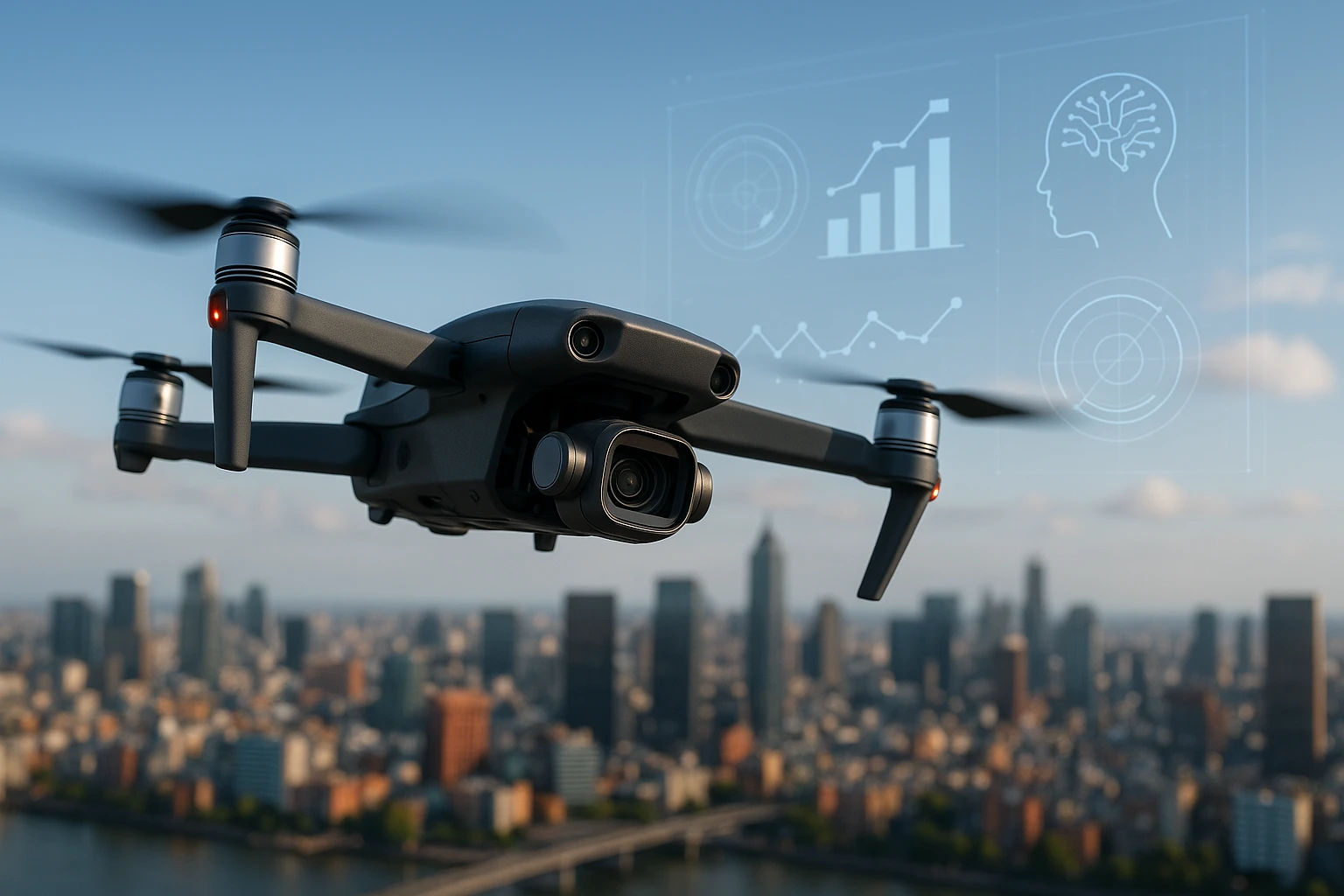 A close-up of a sleek, cutting-edge camera drone hovering over a vibrant cityscape, capturing footage while supplemented by AI analytics displayed in a transparent overlay against the sky.