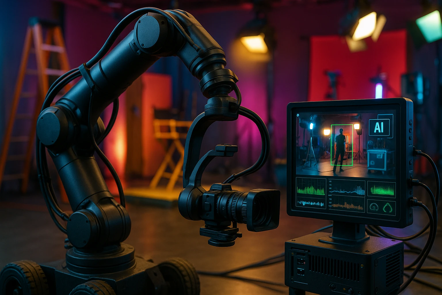 A robotic camera rig smoothly navigating through a vibrant film set, surrounded by colorful equipment and lighting, with an AI control unit displaying real-time video analytics on a side screen.