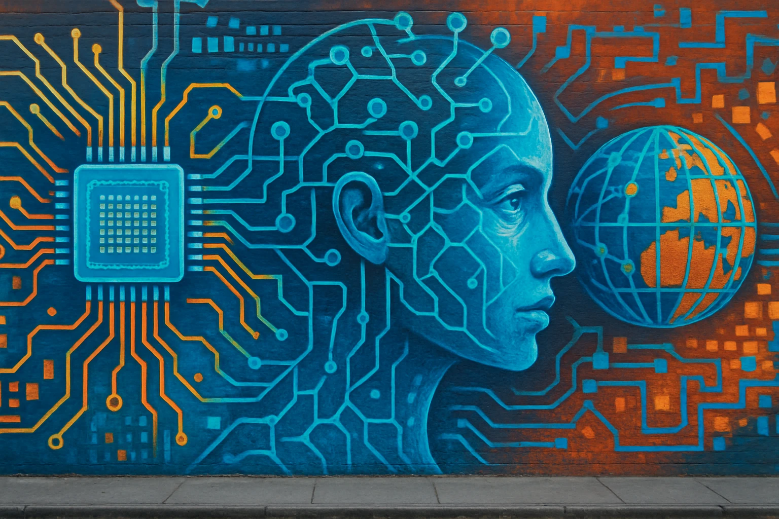 A vibrant street mural featuring AI-themed artwork with interconnected neural networks and digital patterns, capturing the essence of technology’s impact on modern life.