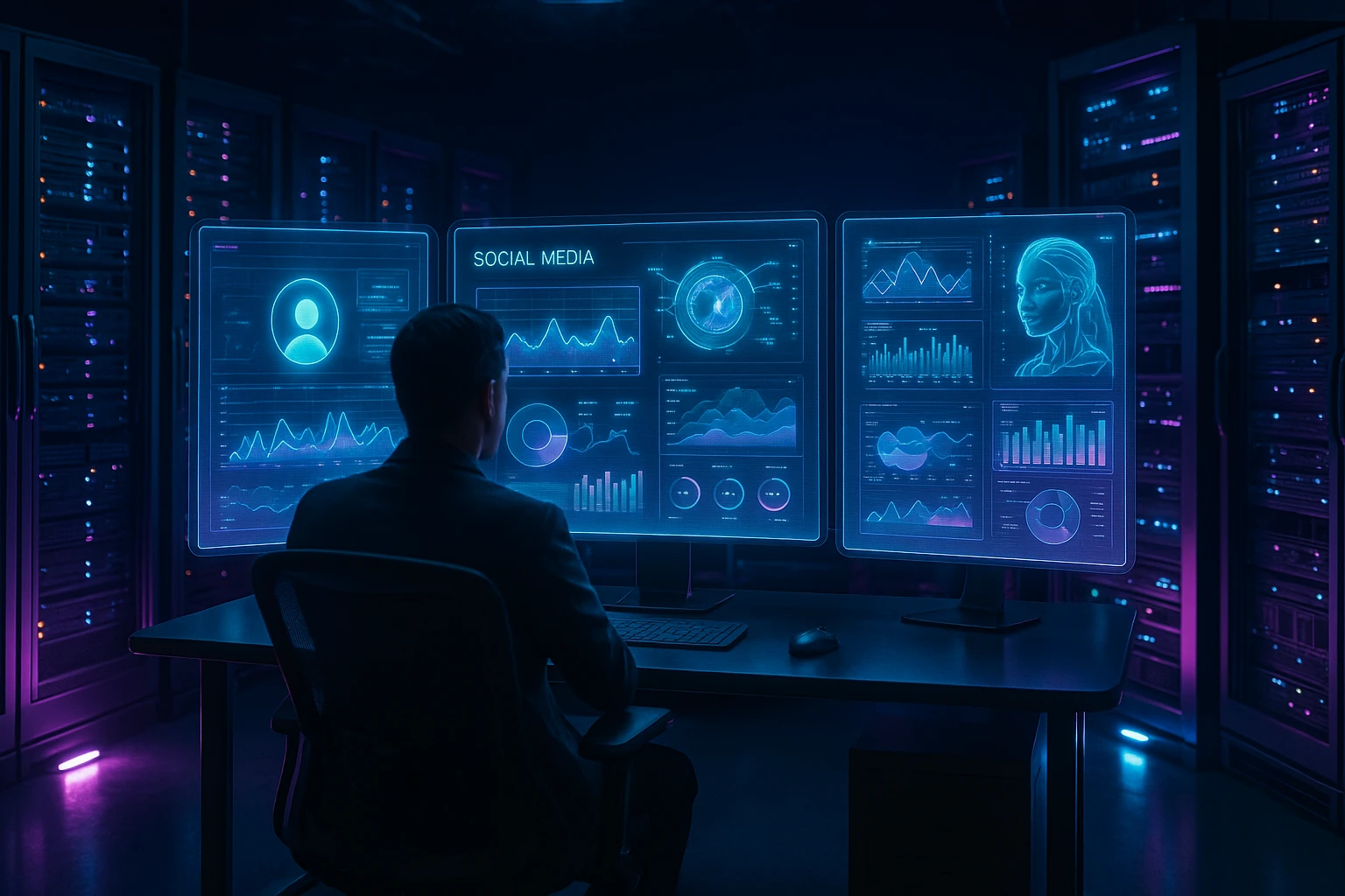 A futuristic social media control room with holographic displays showing AI analytics and graphs, surrounded by sleek data servers and illuminated with soft neon lighting in a dimly lit environment.