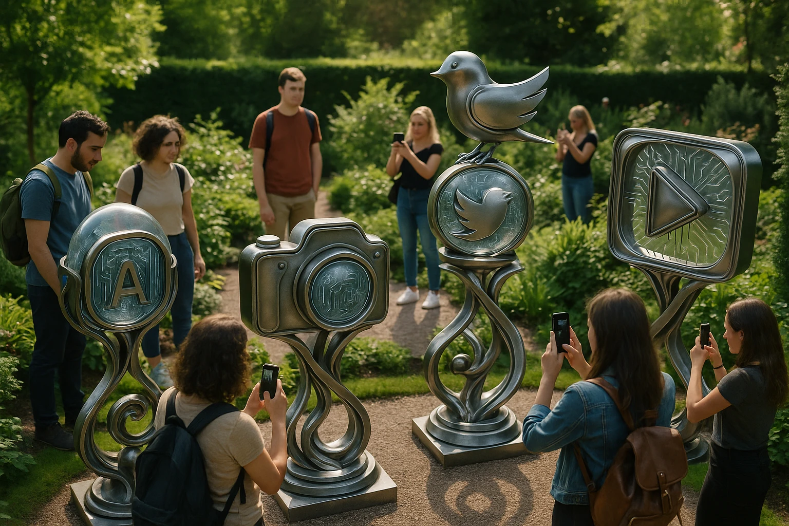 A garden setting with a series of interconnected, AI-themed sculptures made of metal and glass, each representing a social media platform’s logo, surrounded by curious visitors exploring and taking photos.