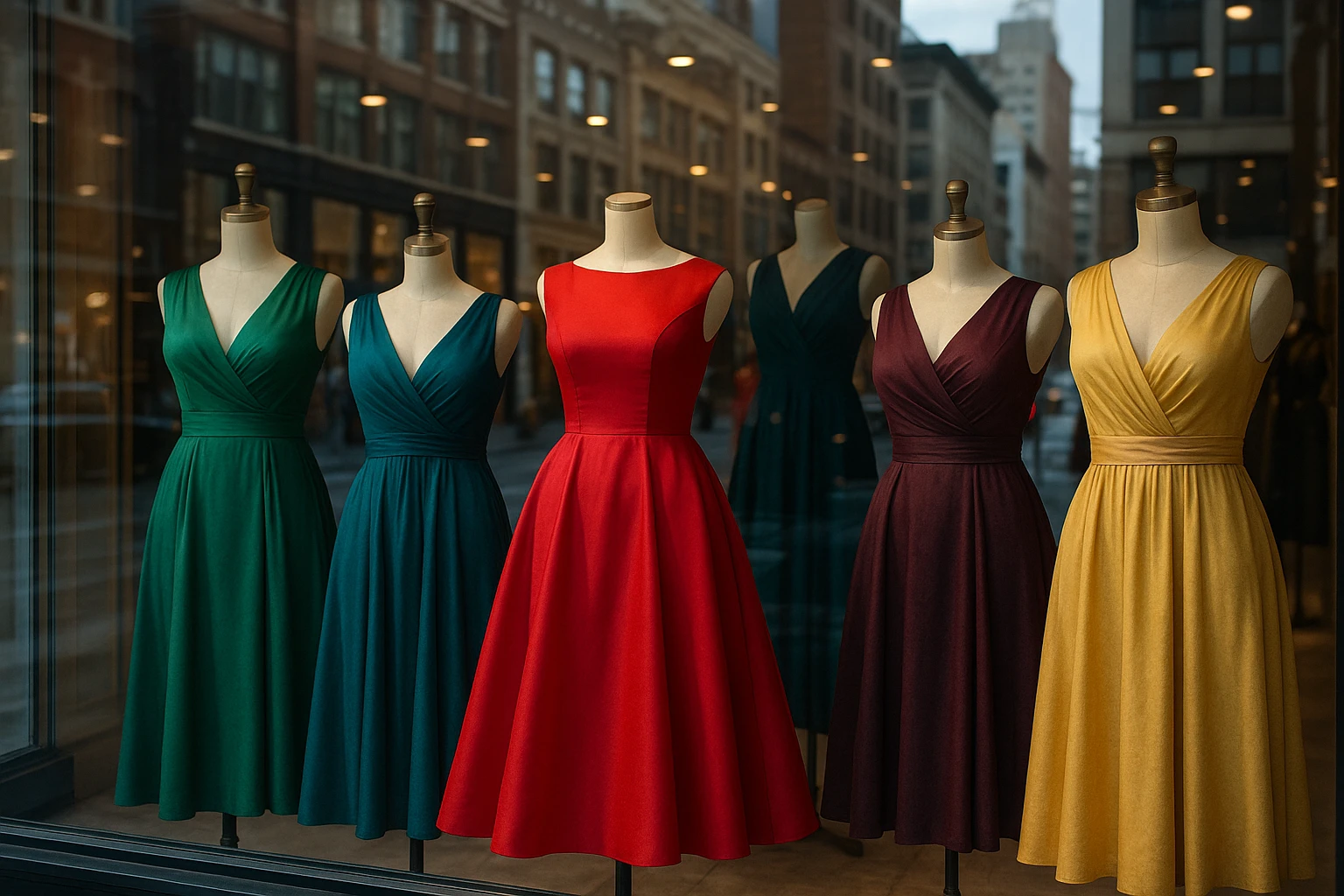 A storefront window display featuring a variety of elegant dresses on mannequins, with vibrant fabrics and city street reflections highlighting the fashion choices available.