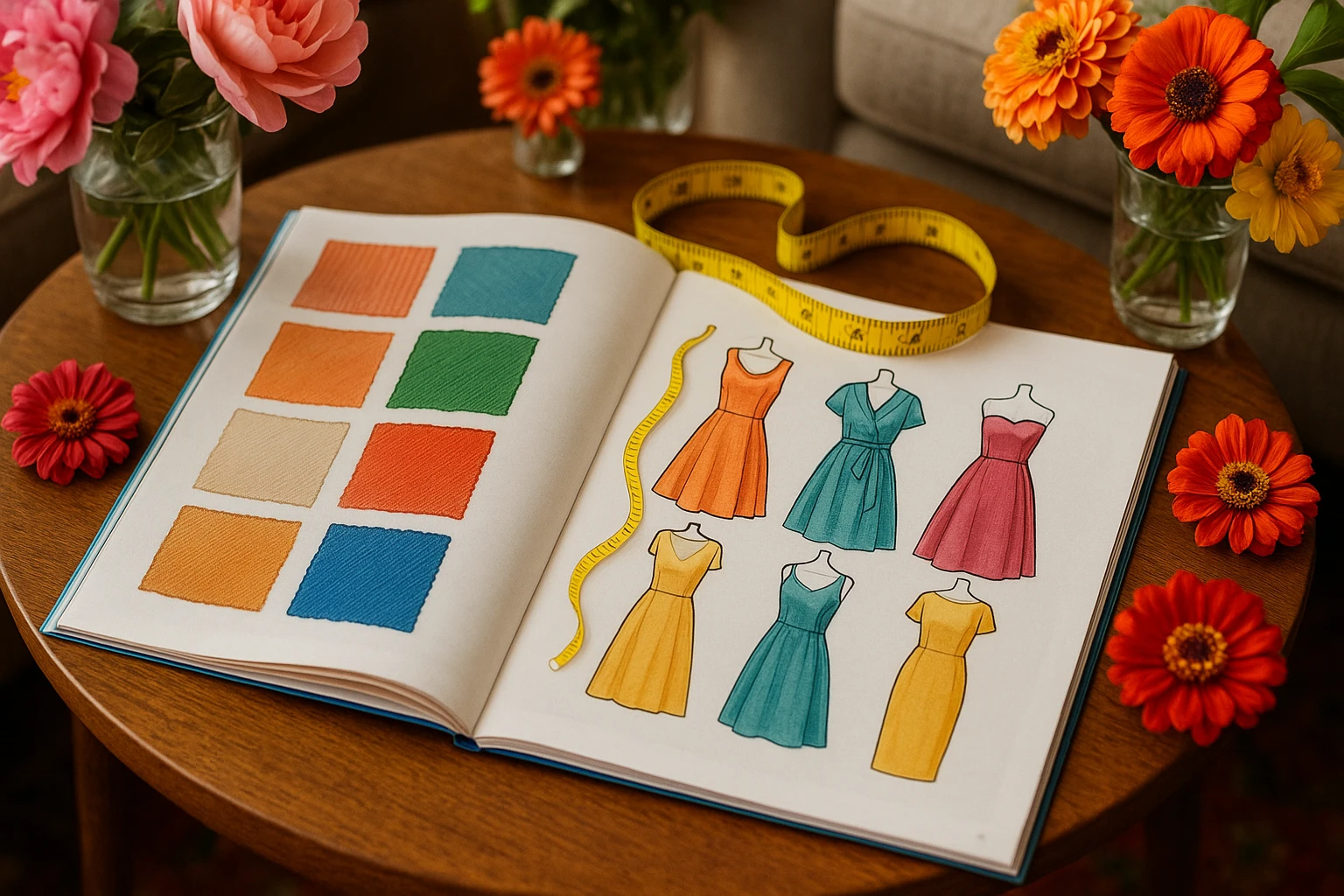 A colorful magazine spread on a coffee table features a guide on choosing dresses, showcasing swatches of different fabrics, a measuring tape, and stylish illustrated diagrams of dress styles, surrounded by vibrant flowers for an inviting atmosphere.