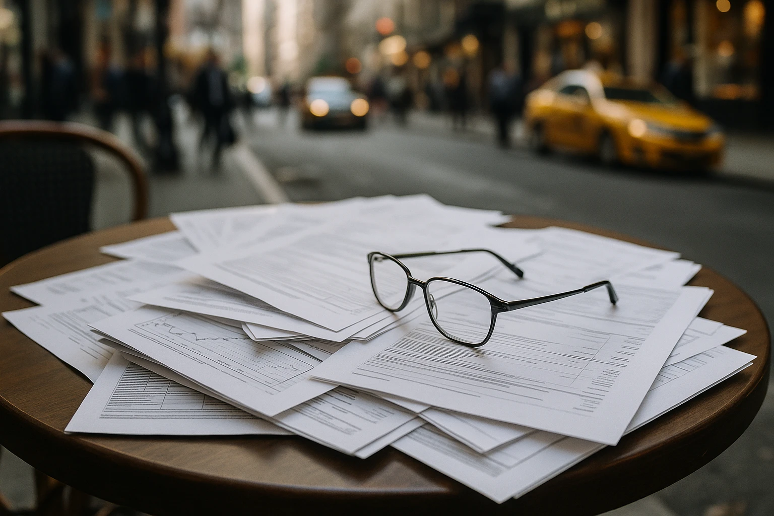 A pile of financial documents and contracts spread across a table, with a pair of reading glasses resting on top, set in a bustling city street café.