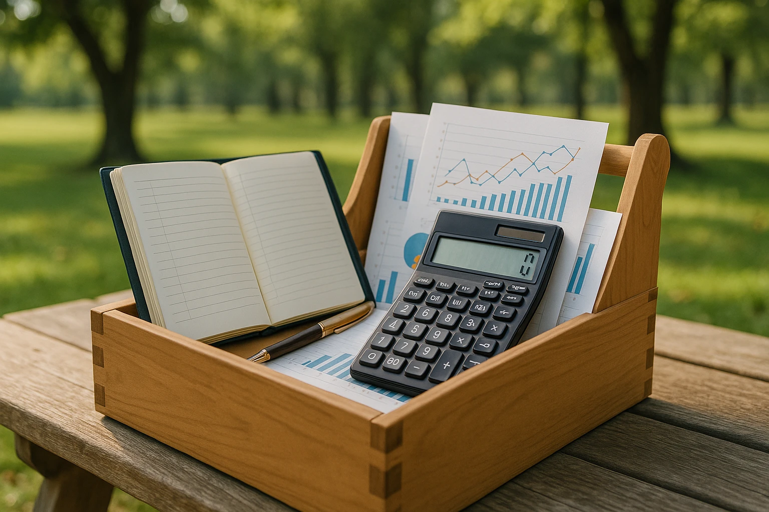 A close-up of a neatly arranged toolbox containing financial tools like a calculator, ledger, and charts, set on a picnic table in a serene park with trees in the background.