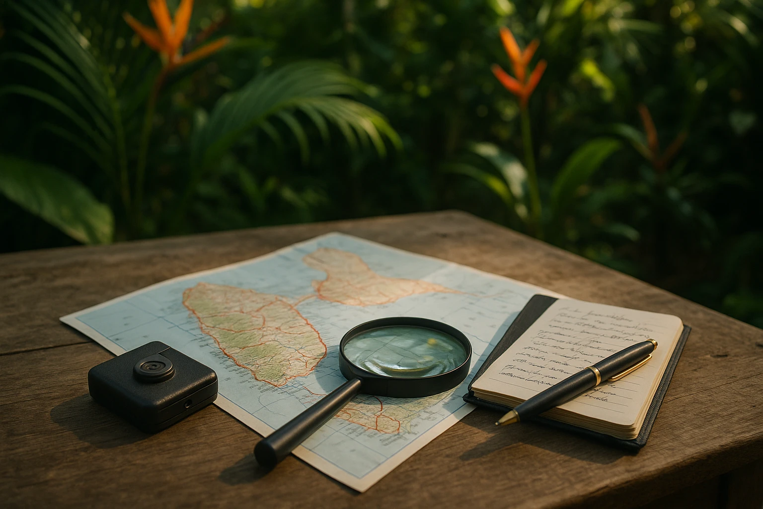 A private investigator's tools scattered on a table in a lush tropical garden in Guadeloupe, including a magnifying glass, a hidden camera disguised as a button, a small notebook with handwritten notes, and a map marked with routes across the island.