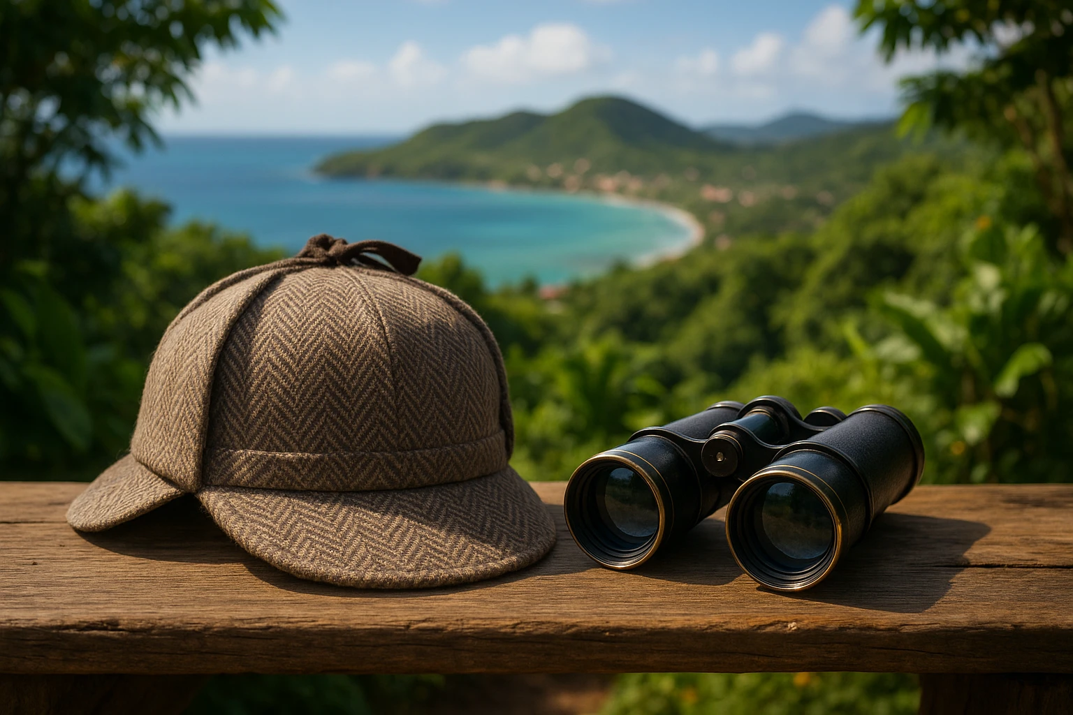 A traditional detective hat and a pair of binoculars resting on a rustic wooden table with a picturesque view of Guadeloupe's coastline in the background, surrounded by lush greenery.