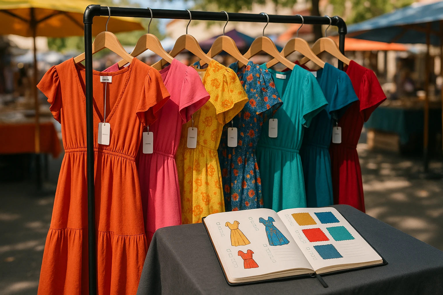 A colorful outdoor market stall displaying a curated selection of vibrant dresses on hangers, with various brand tags visible and a stylish bullet journal open on a table beside it, showing organized wishlist entries with sketches and fabric swatches.
