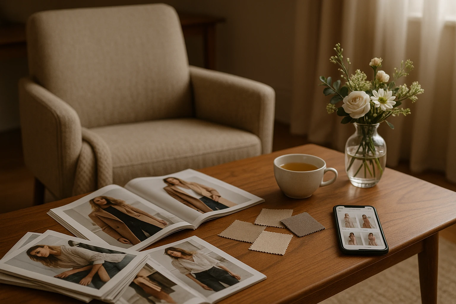 A cozy living room with a stylish armchair, where a wooden coffee table is adorned with a scattered collection of fashion magazines, fabric swatches, and a smartphone displaying a dress wishlist app interface, complemented by a cup of herbal tea and a vase of fresh flowers.