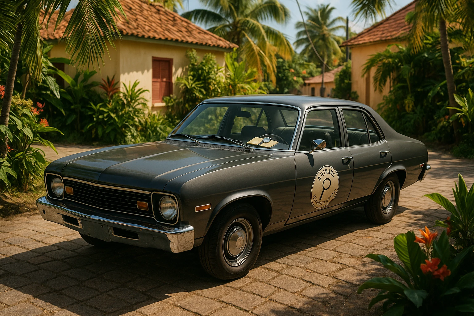 A sunlit Grenadian street scene featuring a discreetly parked classic car with a 