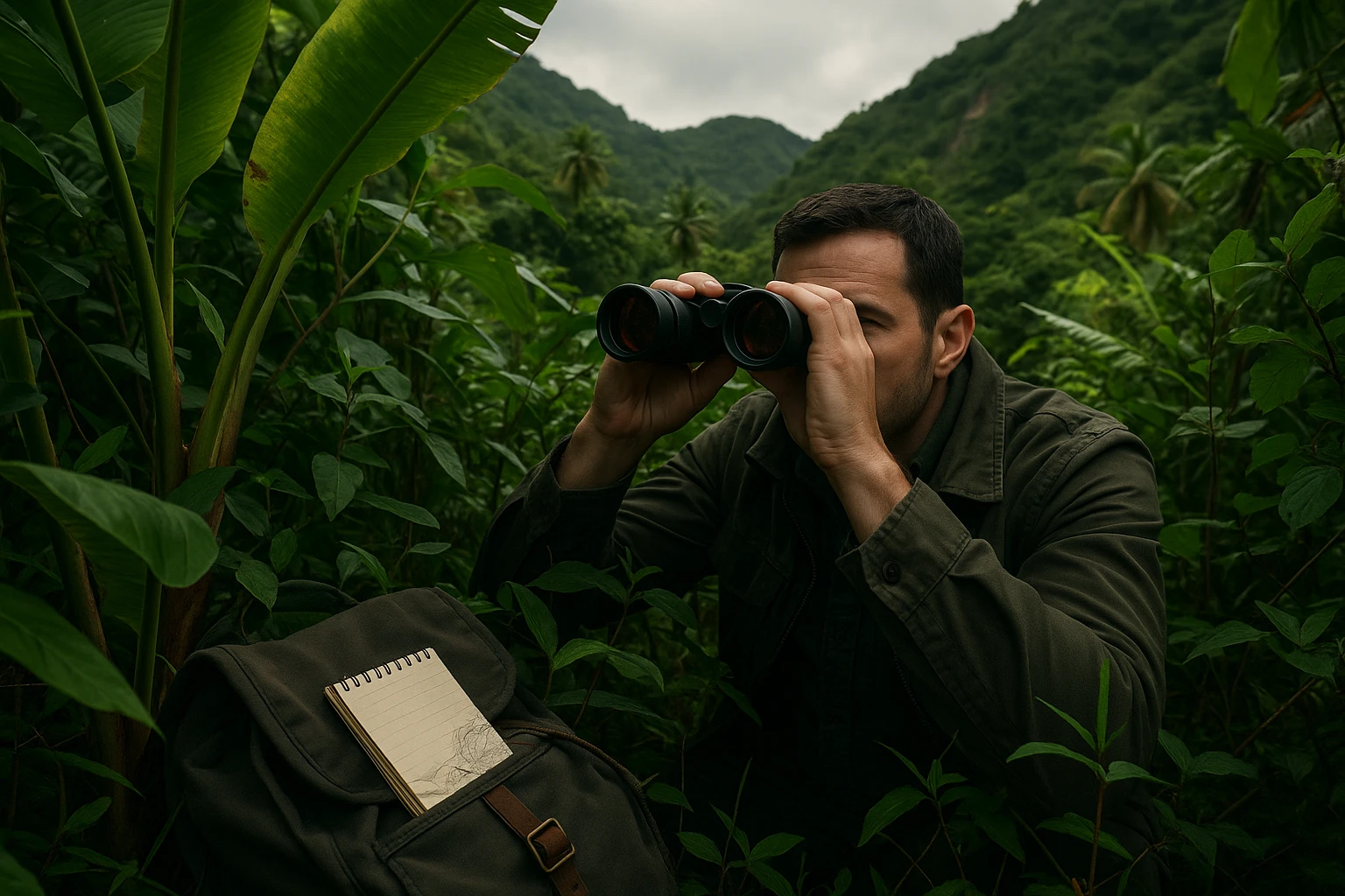 A rugged terrain in Grenada with a private investigator using binoculars while hidden among dense tropical foliage, a small notepad and map partially visible in a backpack nearby, emphasizing their skills in discreet outdoor surveillance.