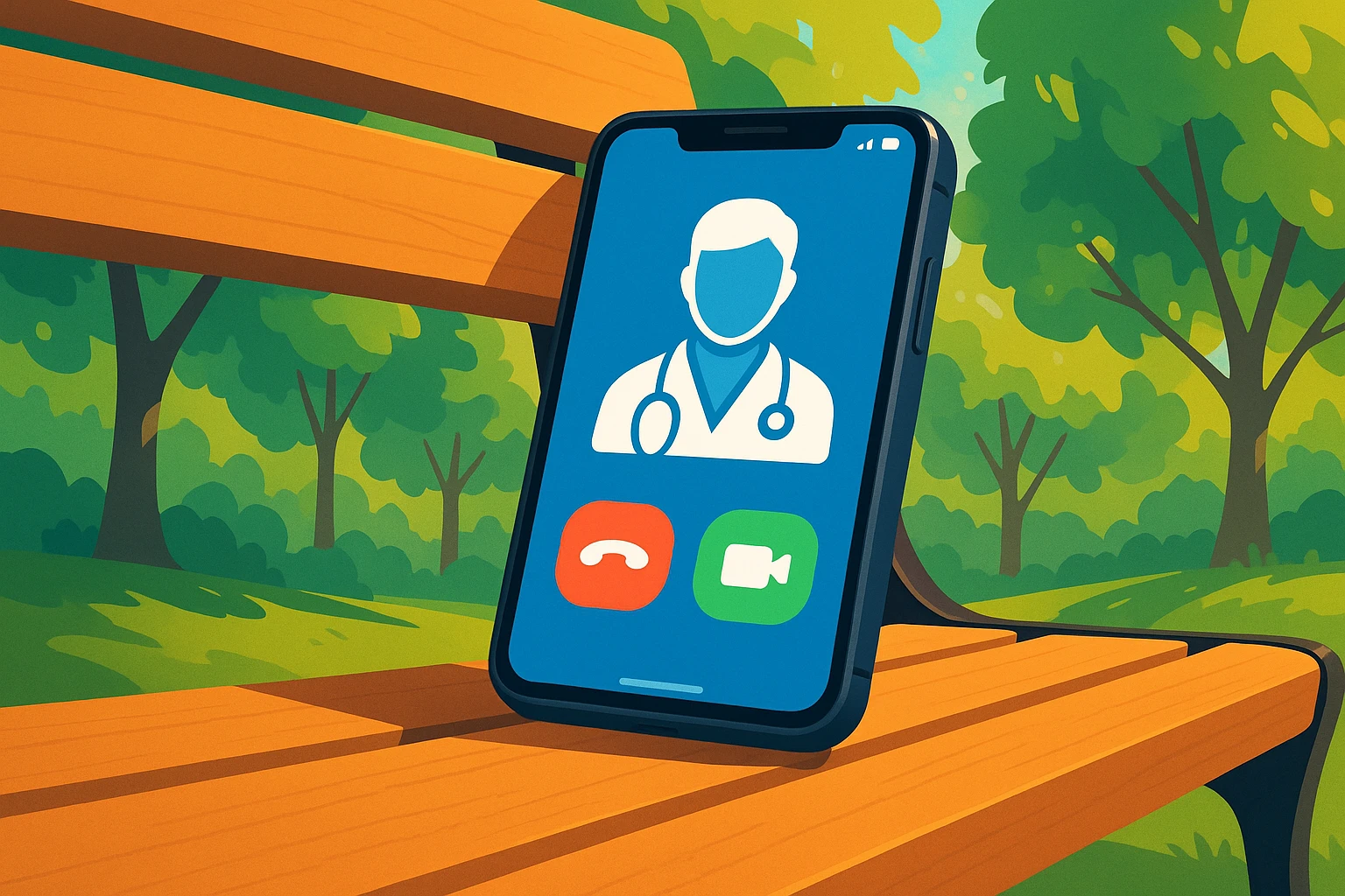 A smartphone with a prominent telehealth app displayed on the screen, resting on a wooden park bench with a background of green trees and sunlight filtering through the leaves.