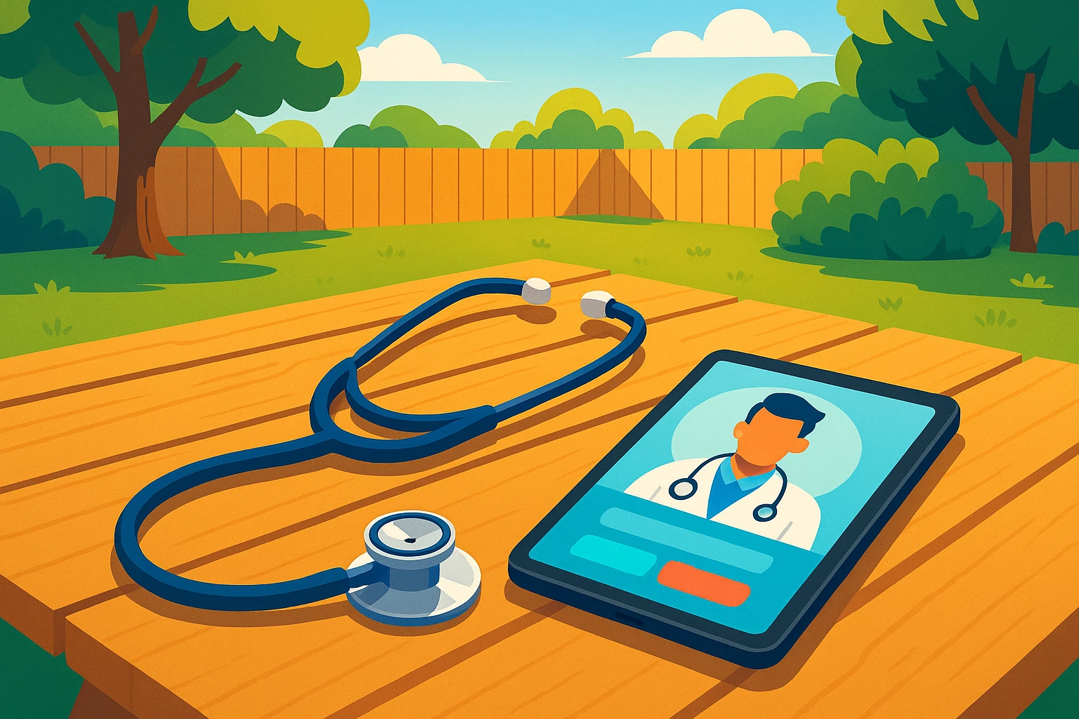 A stethoscope resting on a wooden picnic table in a sunny backyard, with a tablet nearby displaying a doctor consultation app interface.