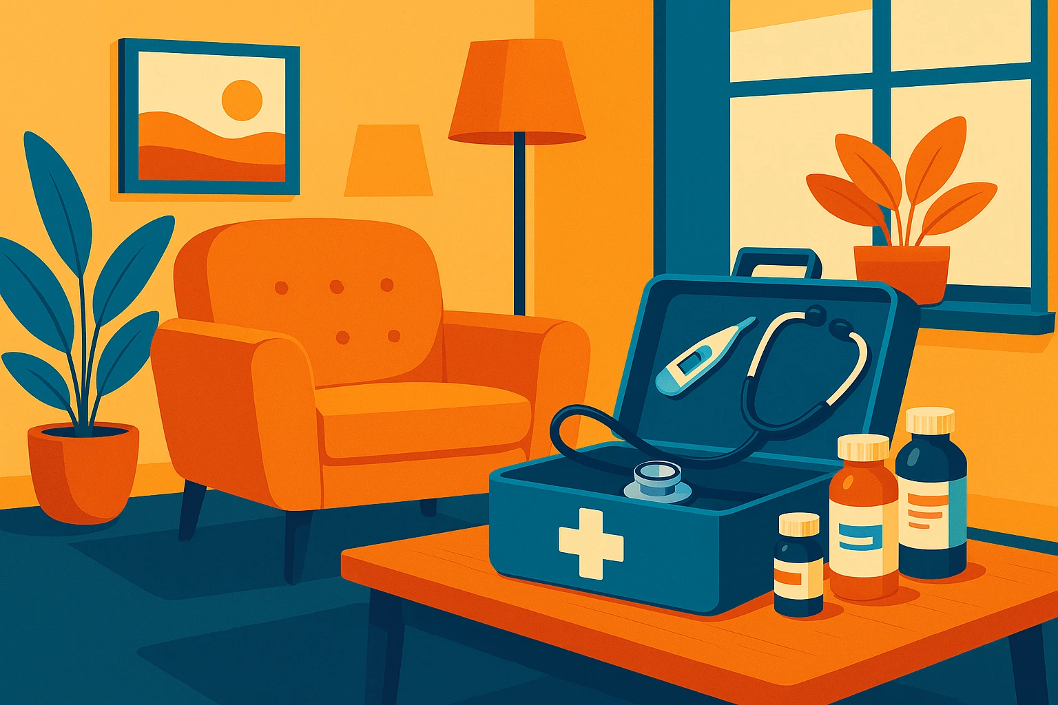A cozy living room with a plush armchair and a medical kit open on a coffee table, displaying a stethoscope, a digital thermometer, and several medicine bottles, suggesting convenient home healthcare access.