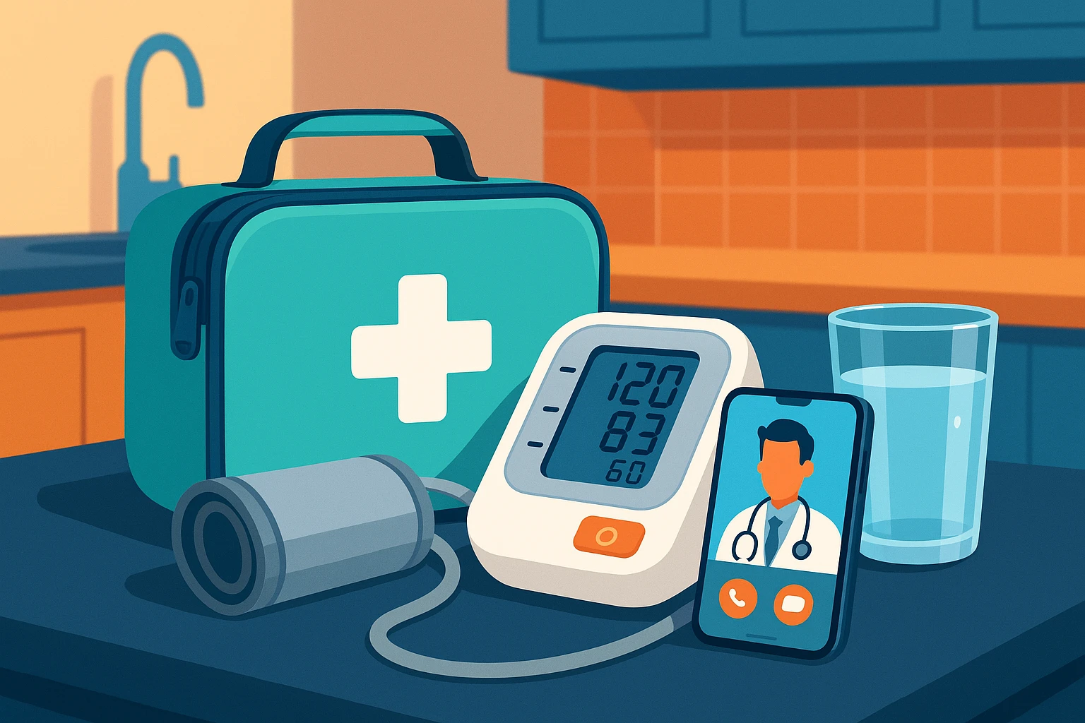 A compact medical kit on a kitchen countertop with a home blood pressure monitor, a smartphone displaying a telemedicine app, and a glass of water nearby, highlighting the ease of accessing healthcare from home.