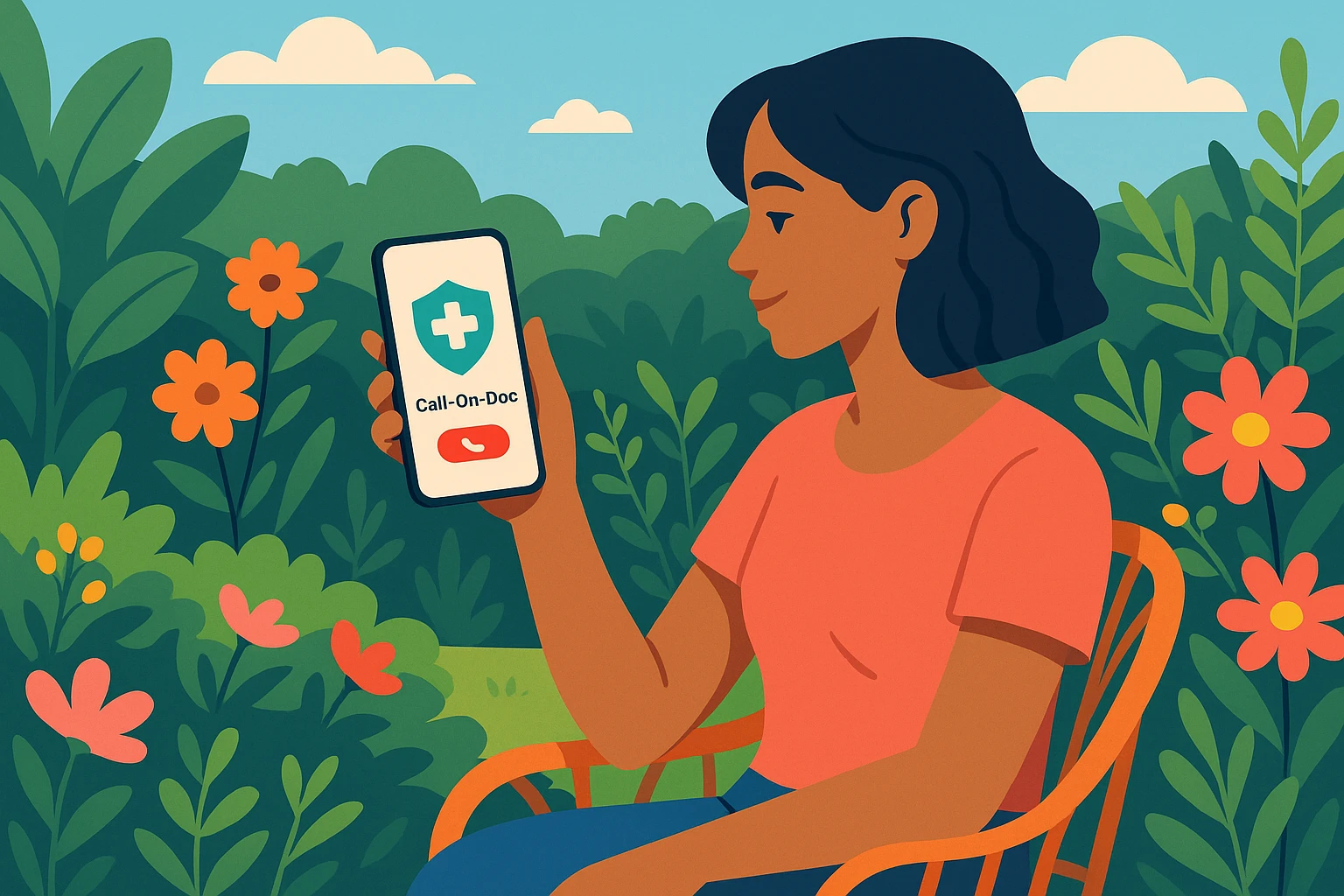 A patient holds a smartphone displaying the Call‑On‑Doc app while sitting in a cozy outdoor garden, surrounded by blooming flowers and green plants, symbolizing health and tranquility.