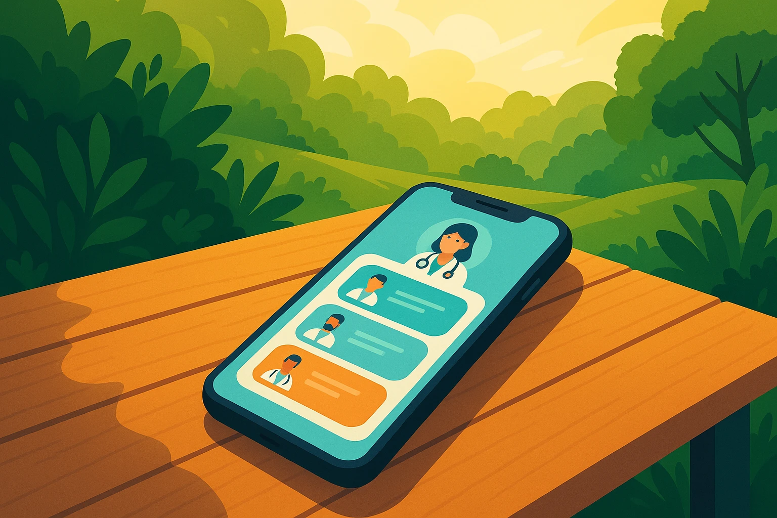 A smartphone resting on a wooden deck outdoors, with the Call‑On‑Doc app open, displaying options for consulting with physicians amidst a backdrop of lush greenery and gentle sunlight.