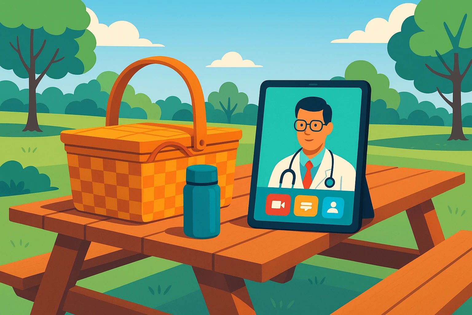 A picnic table in a park with a tablet displaying the Call-On-Doc app interface, surrounded by a colorful picnic basket, a thermos, and open landscape in the background.