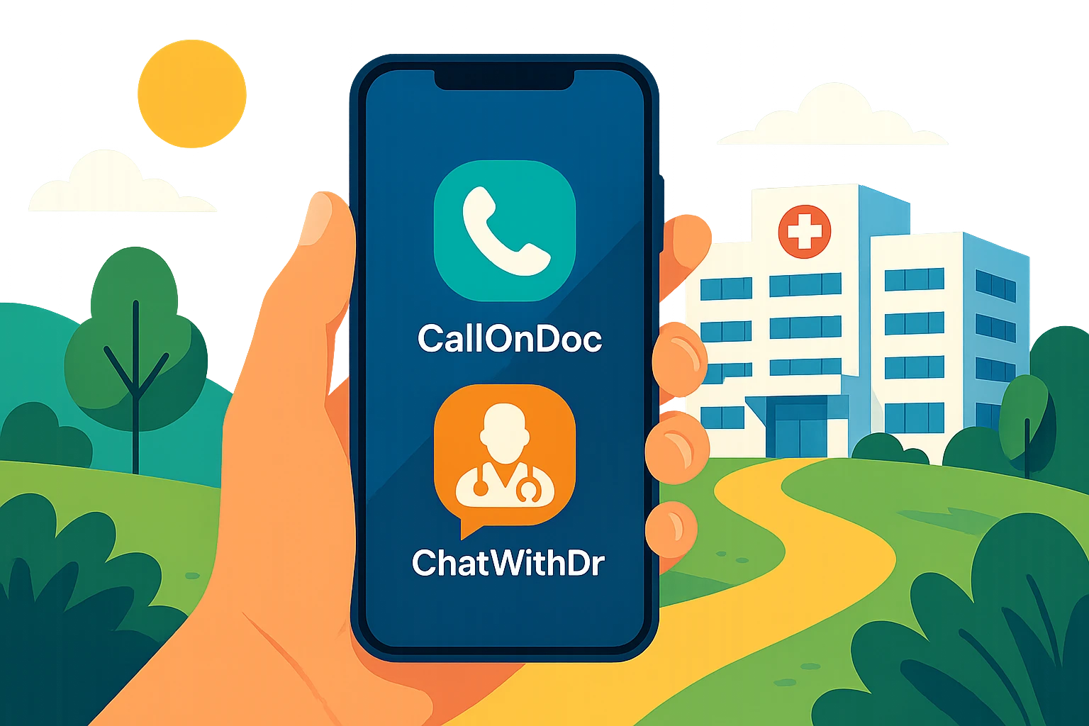 A smartphone displaying the logos of Call‑On‑Doc and ChatWithDr, set against an outdoor backdrop with a hospital in the distance, symbolizing remote access to healthcare.