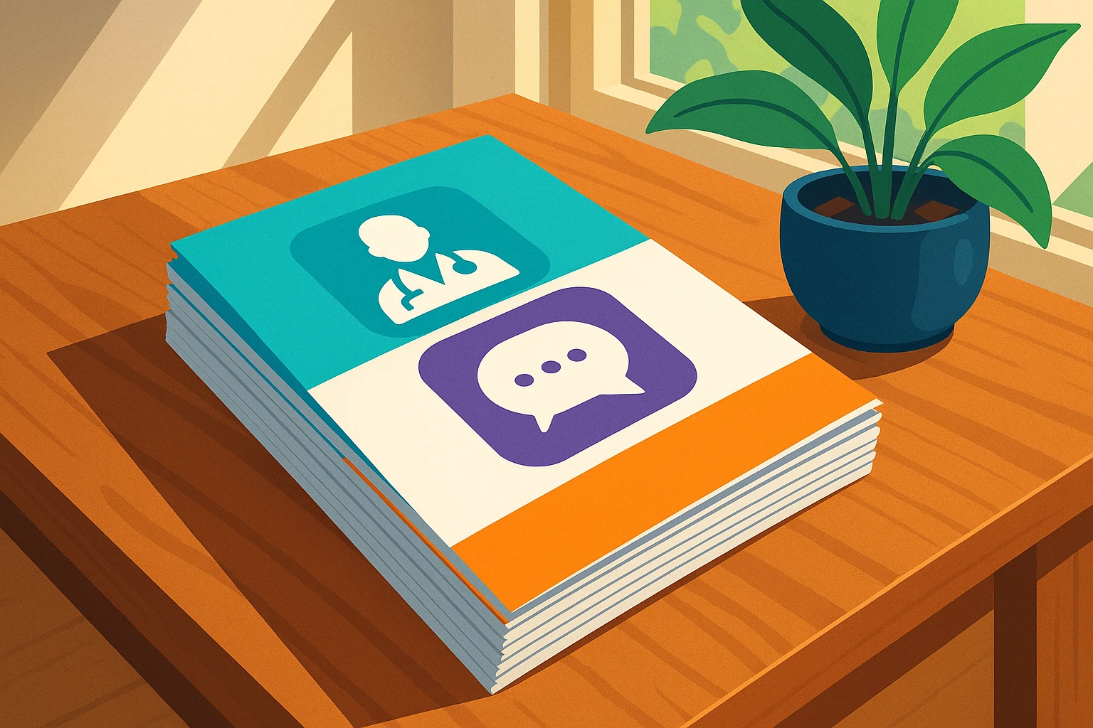 A stack of colorful brochures featuring Call‑On‑Doc and ChatWithDr logos, placed on a wooden table next to a potted plant, under natural sunlight filtering through a window.