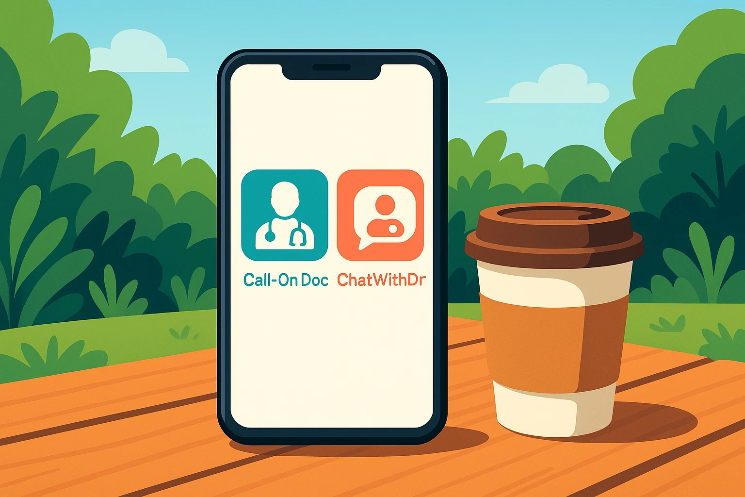 A smartphone displaying the Call‑On‑Doc and ChatWithDr apps side by side on a picnic table, surrounded by lush greenery and a coffee cup, captures the essence of accessible healthcare on-the-go.
