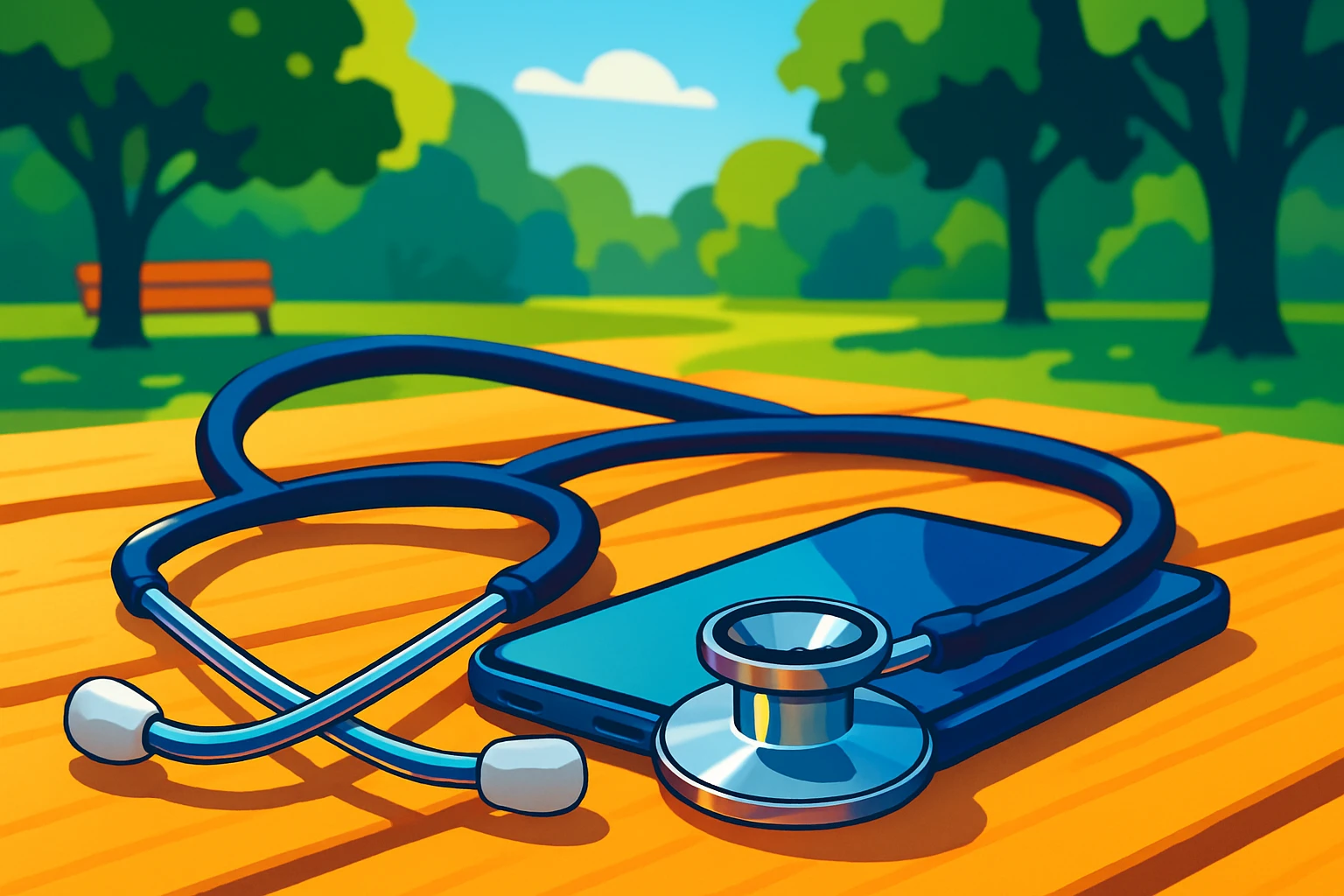 A close-up of a stethoscope and a smartphone lying on an outdoor picnic table, illuminated by natural sunlight, with a blurred park scene in the background.