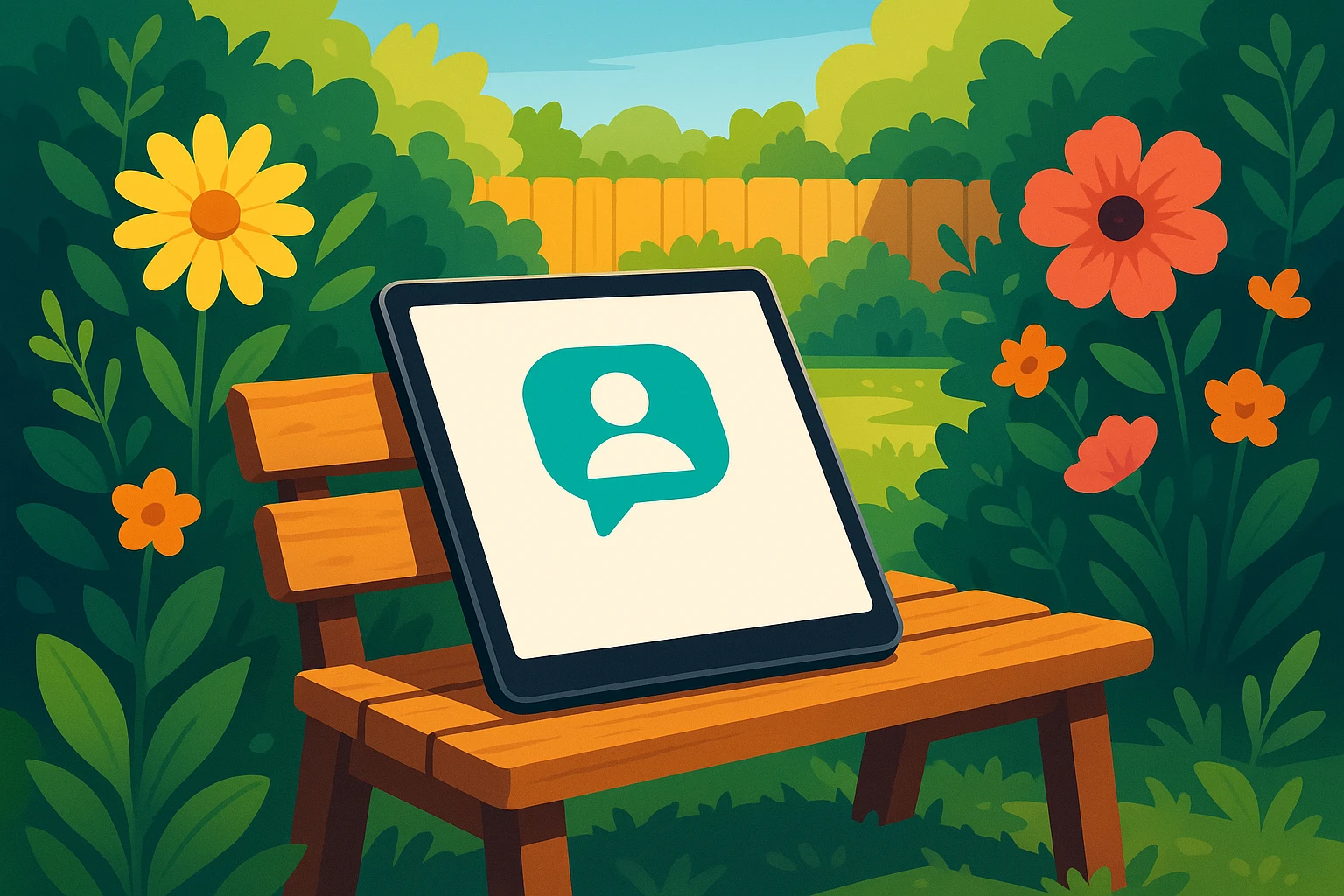 A sleek tablet displaying the ChatWithDr logo rests on a rustic wooden garden bench, surrounded by blooming flowers and greenery in a sunlit backyard setting.