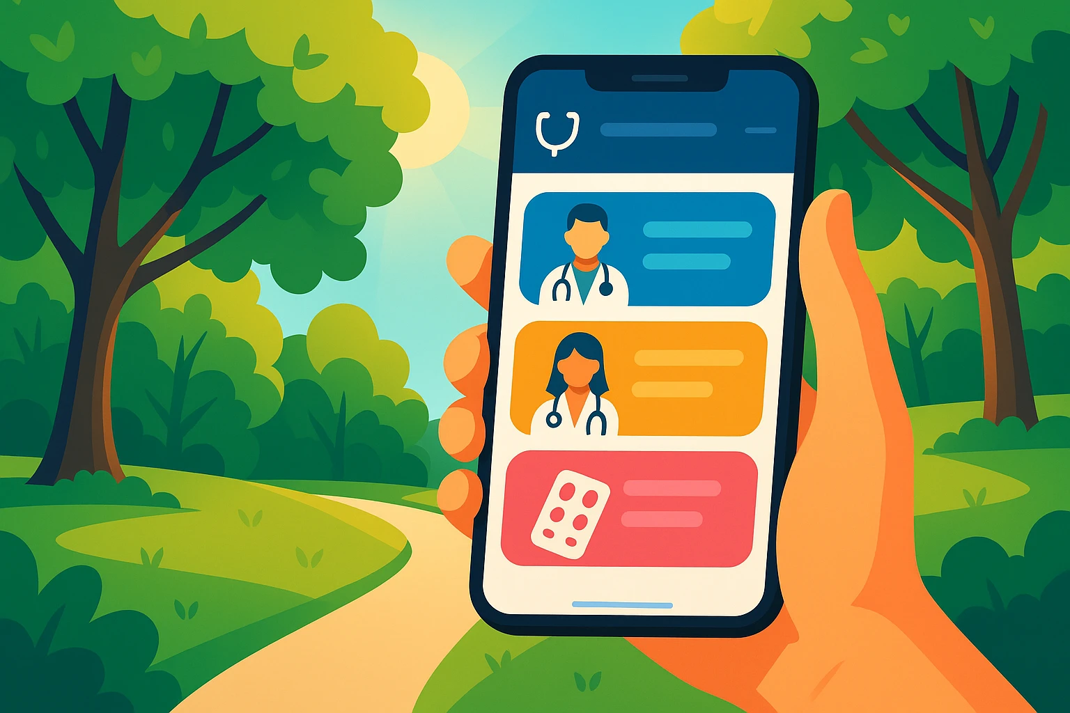 A smartphone displaying the Call-On-Doc app is held by a person outside in a park, with the app screen showing available medical consultation options against a backdrop of green trees and sunlight filtering through the leaves.