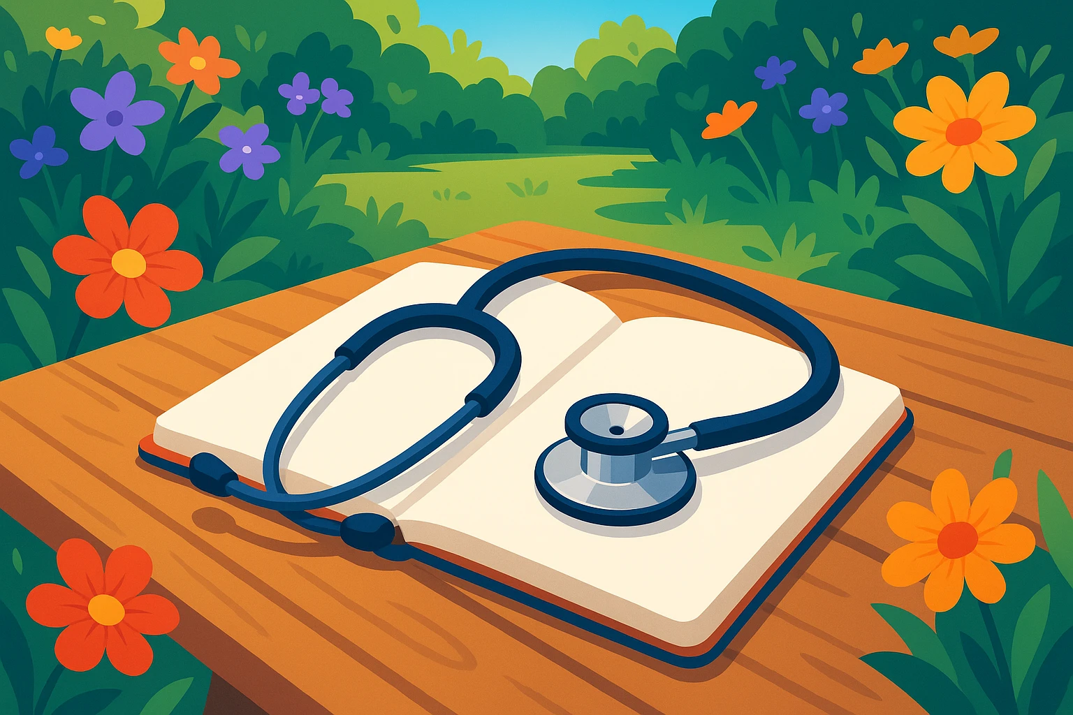 A close-up of a stethoscope resting on an open notebook, set on a wooden picnic table in a garden surrounded by blooming flowers, symbolizing the blend of traditional healthcare tools with modern accessibility in an outdoor setting.