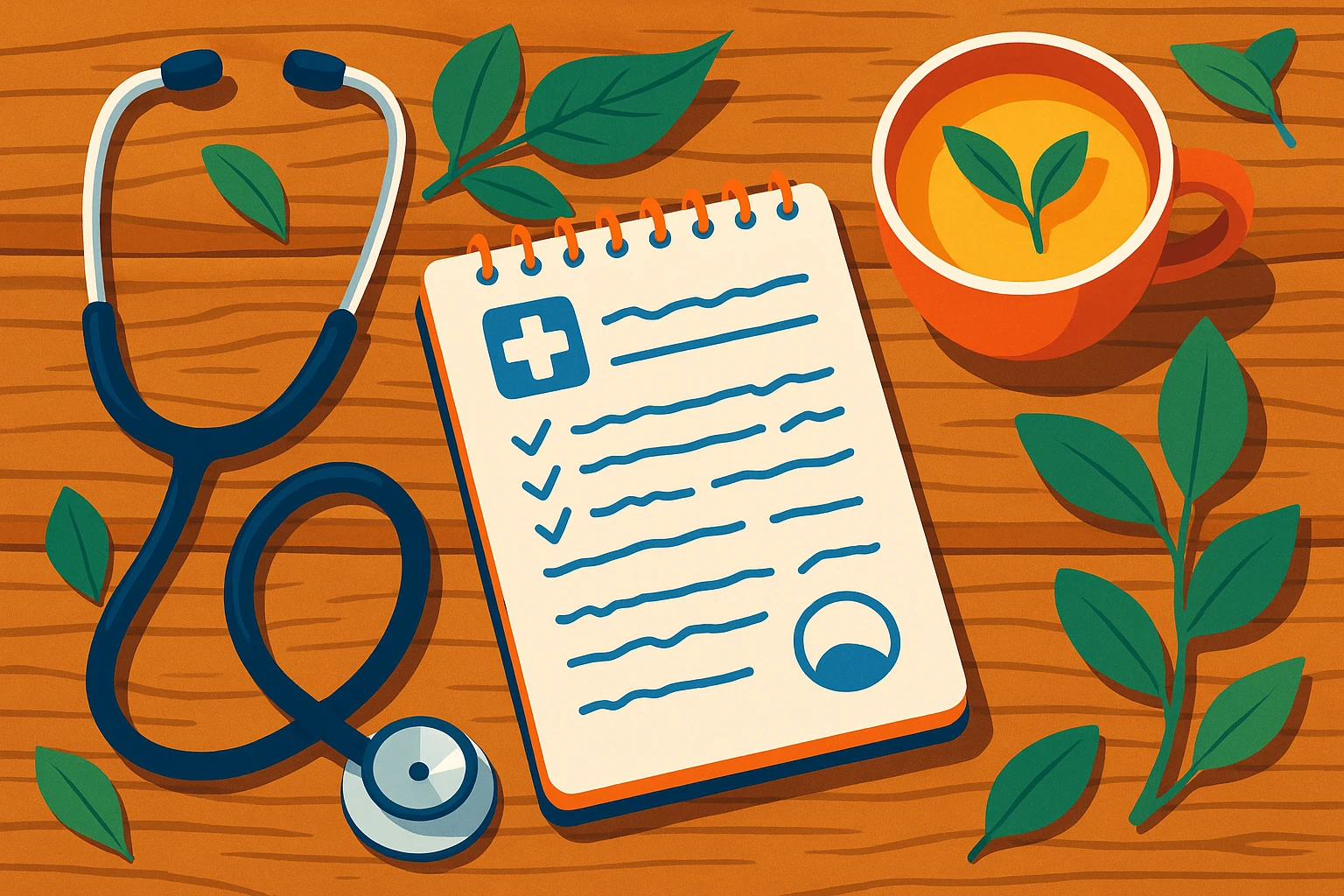 A stethoscope and a notepad with handwritten medical notes placed on a rustic wooden table, surrounded by natural elements like leaves and a cup of herbal tea, with the logos of Doctor On Demand and ChatWithDr printed on the notepad.