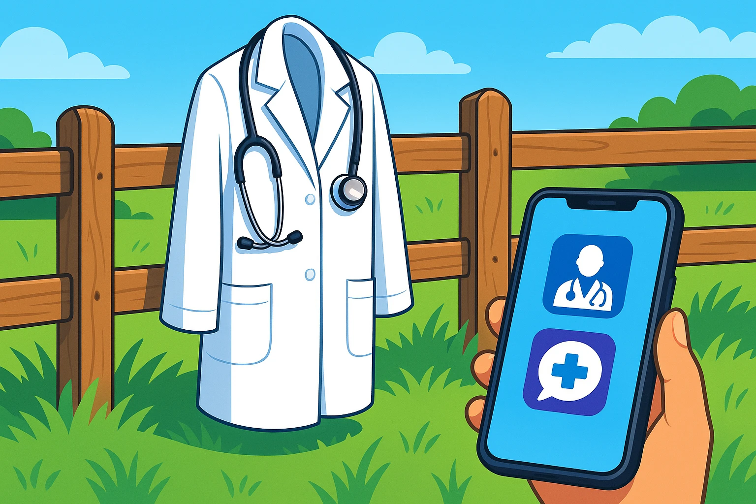 A doctor's white coat and stethoscope hanging on a rustic wooden fence outdoors, with a smartphone displaying the logos of Doctor On Demand and ChatWithDr on a vibrant, grassy background.