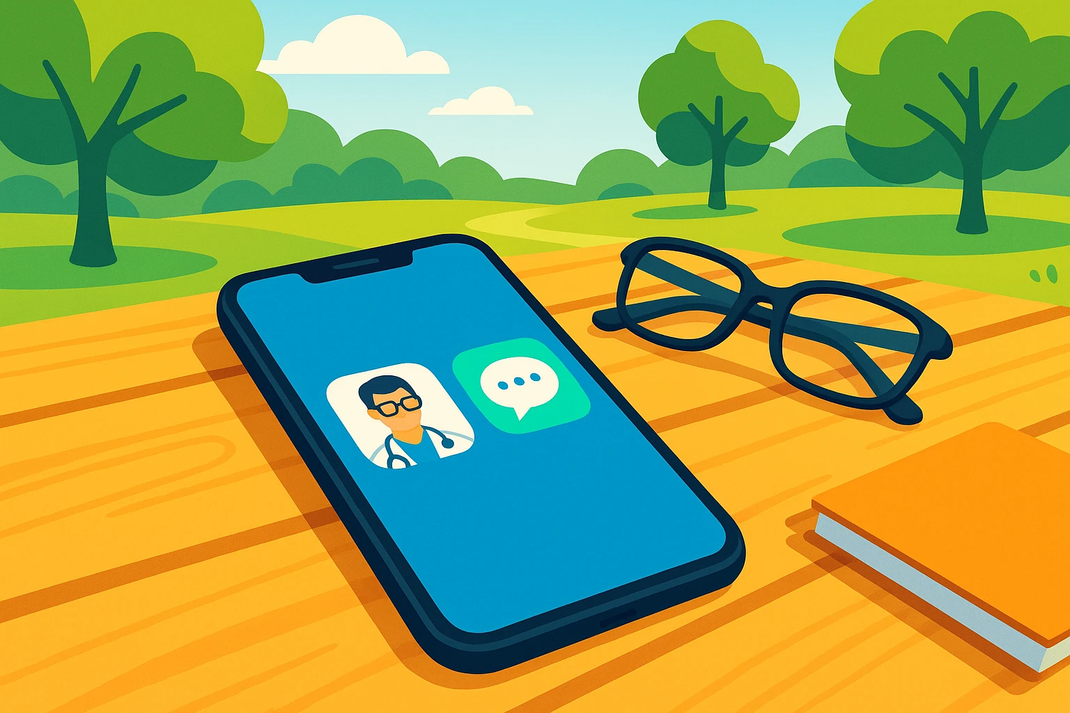 A close-up of a smartphone resting on a wooden picnic table in a sunny park, displaying the Doctor On Demand and ChatWithDr apps side by side, with a pair of reading glasses and a notepad nearby.