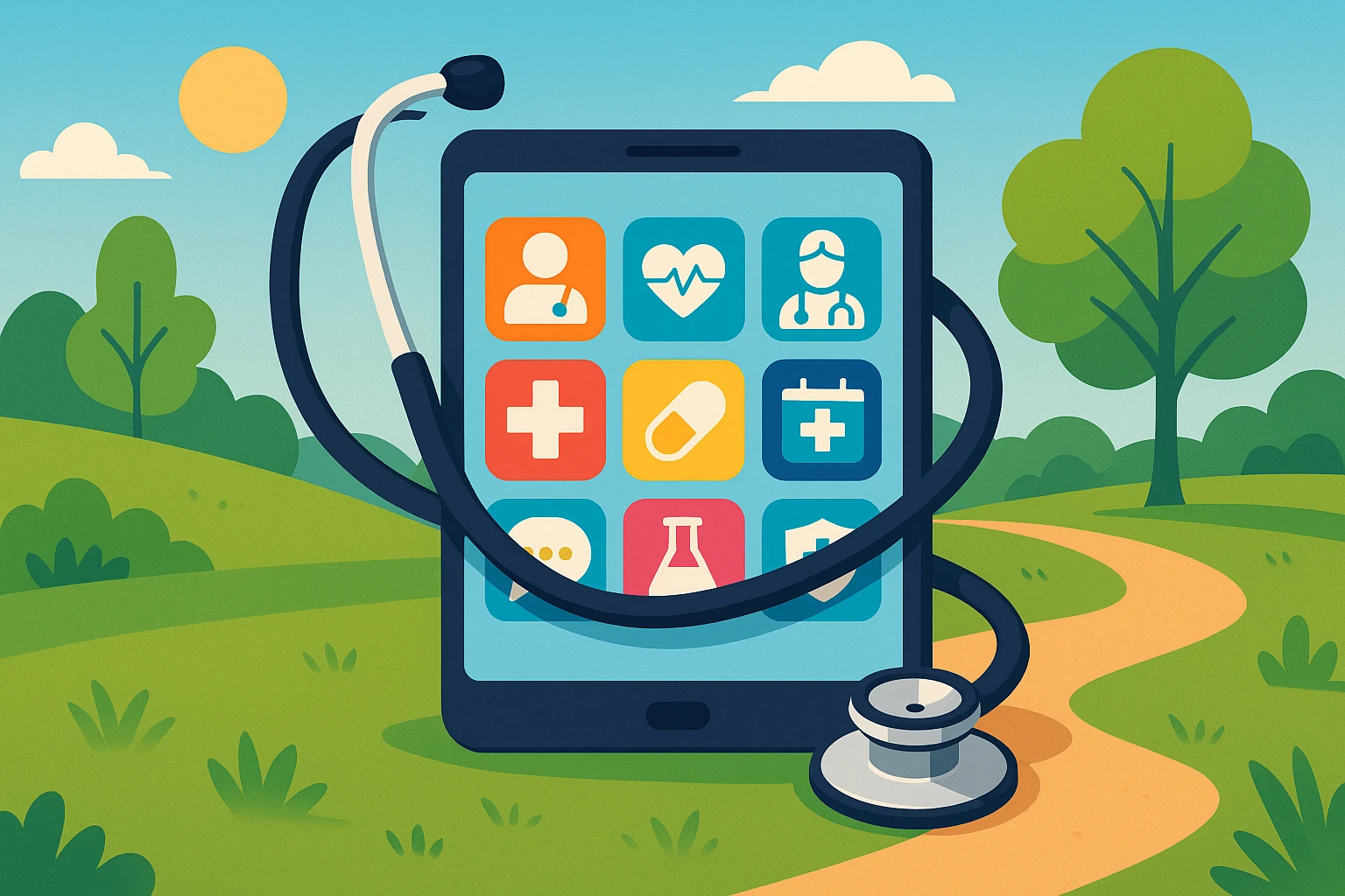 A vivid healthcare-themed illustration showing a stethoscope wrapped around a tablet displaying a variety of telemedicine app icons, set against a backdrop of a serene outdoor park, symbolizing the ease and accessibility of virtual care solutions beyond traditional settings.
