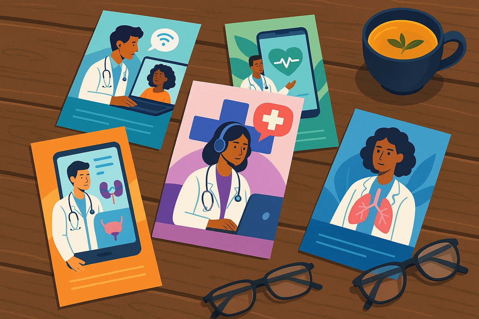A diverse collection of healthcare brochures and pamphlets scattered on a rustic wooden table, with each brochure showcasing different telemedicine platforms and specialized services, alongside a cup of herbal tea and a pair of reading glasses.