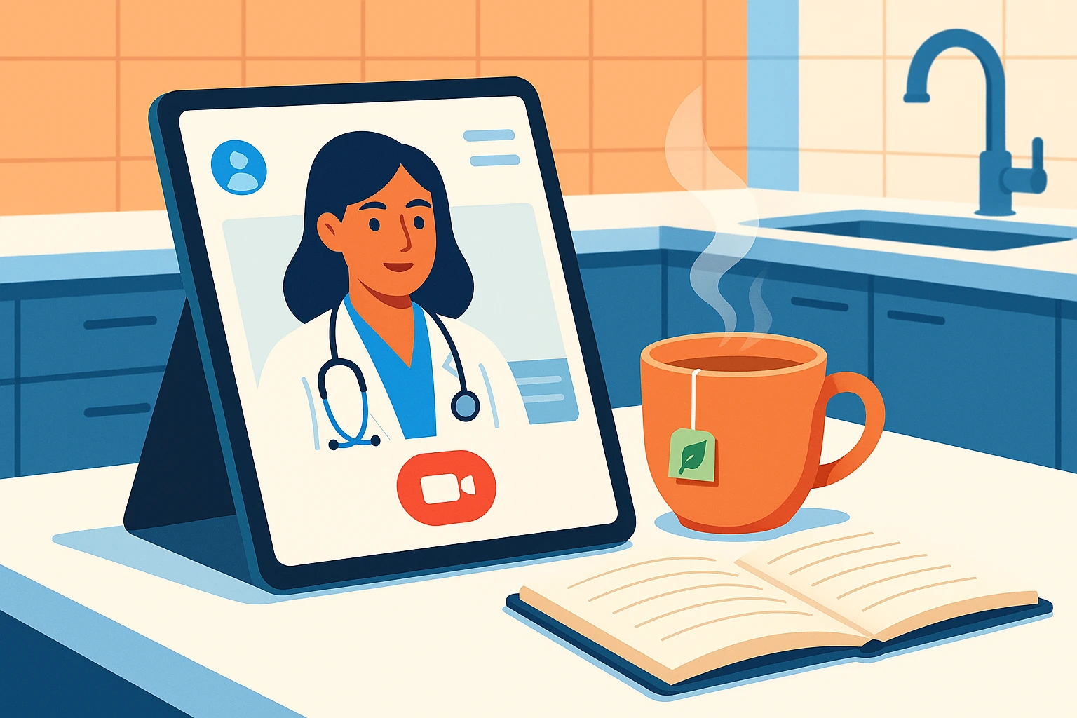 A tablet displaying the Doctor On Demand app interface is propped up on a sleek, modern kitchen counter next to a steaming cup of herbal tea and an open notebook, symbolizing the ease of accessing healthcare advice amidst daily home activities.