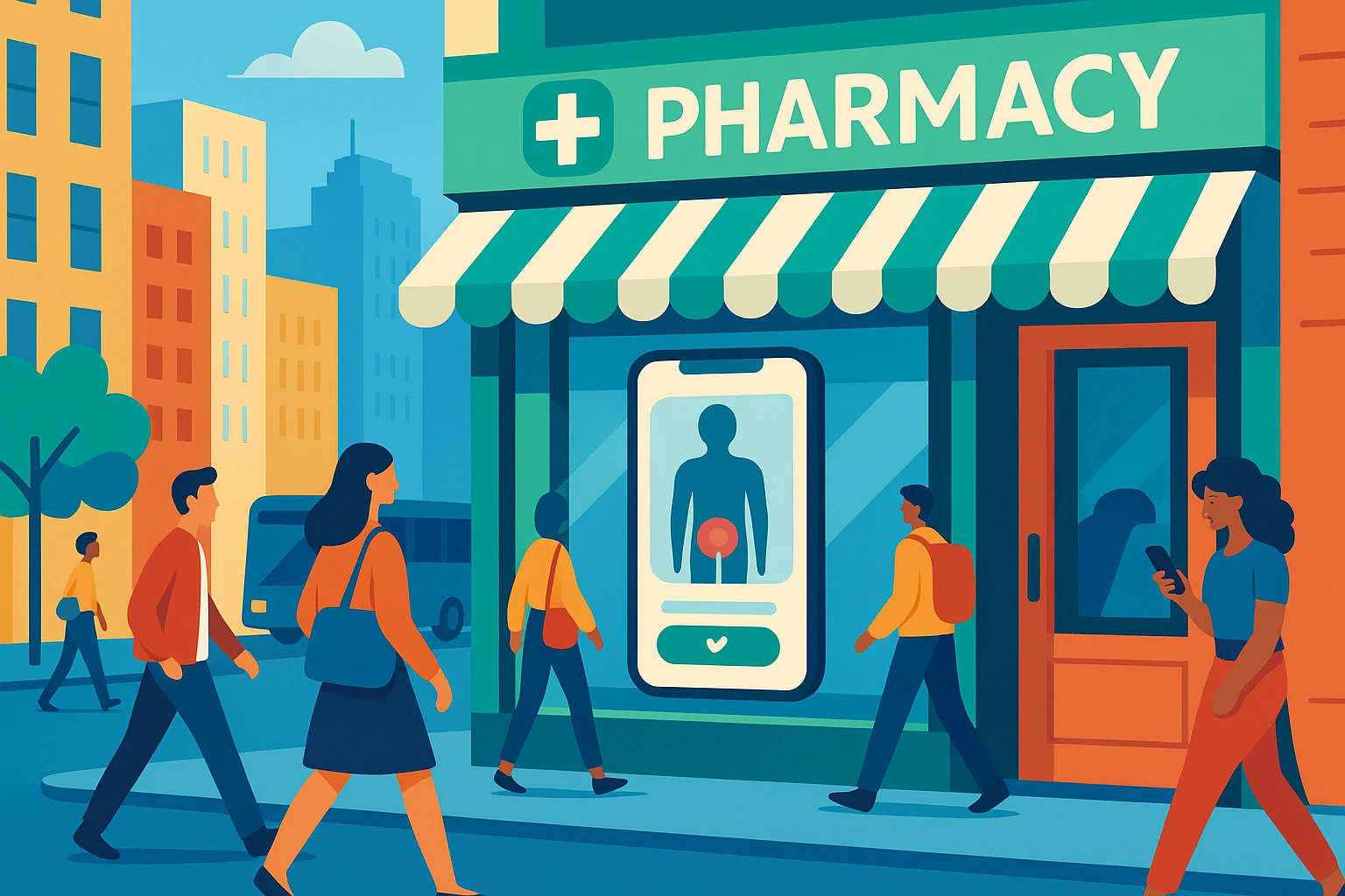 A bustling city street with a pharmacy storefront displaying a sign promoting online UTI treatment services, featuring a sleek smartphone with an app interface visible through the window display.