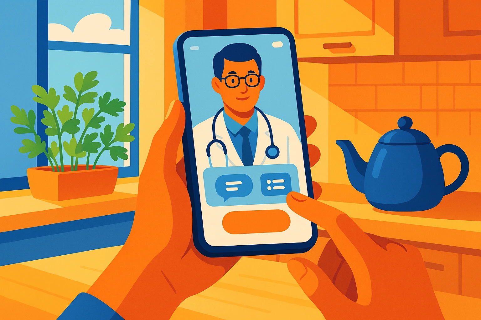 A person's hands holding a smartphone displaying a telemedicine app interface, set against the backdrop of a cozy home kitchen with sunlight streaming through a window, parsley plants, and a teapot in view.