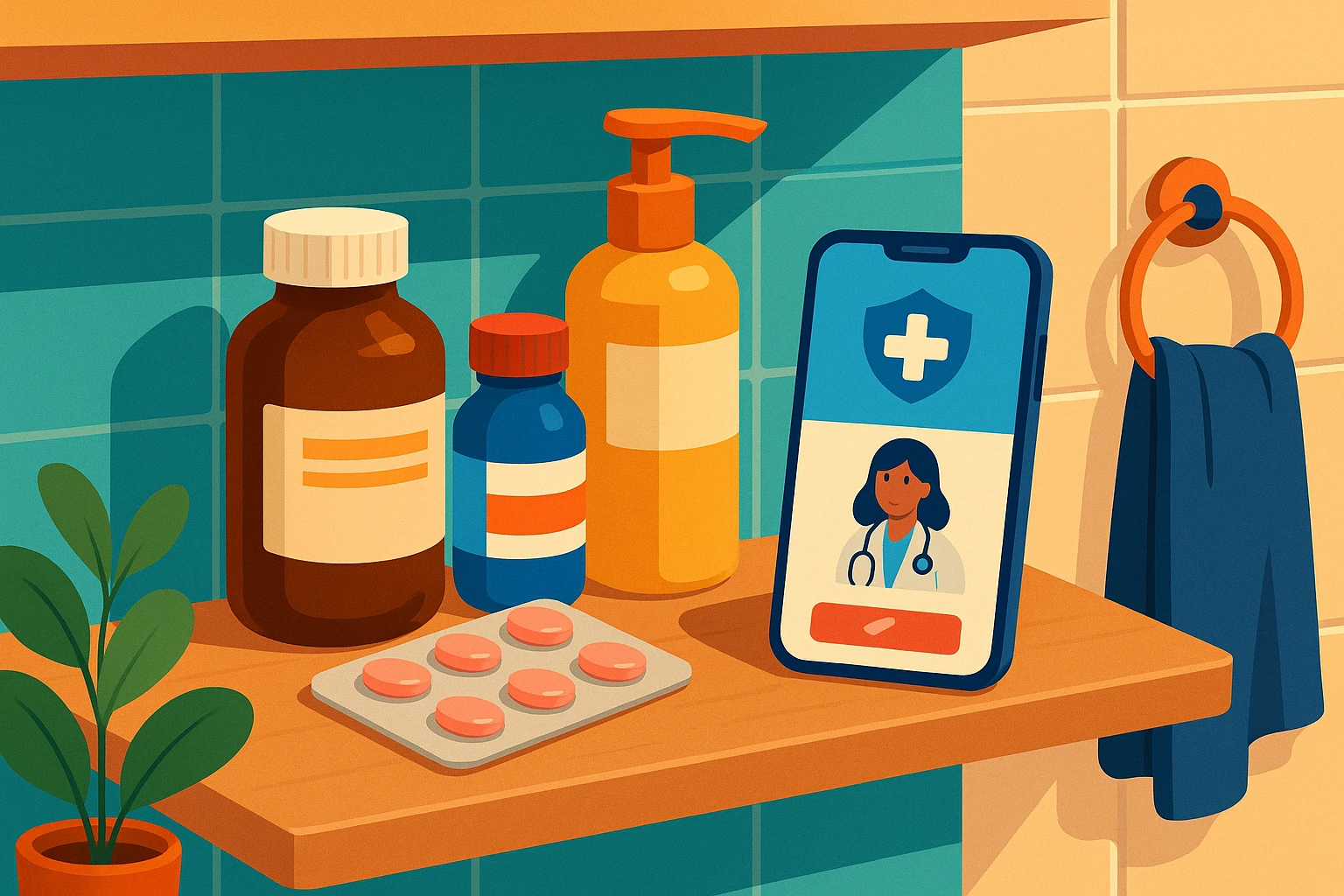 A shelf in a cozy home bathroom, neatly arranged with various over-the-counter medications and a smartphone displaying a telehealth app, symbolizing the convenience of obtaining a UTI prescription online.