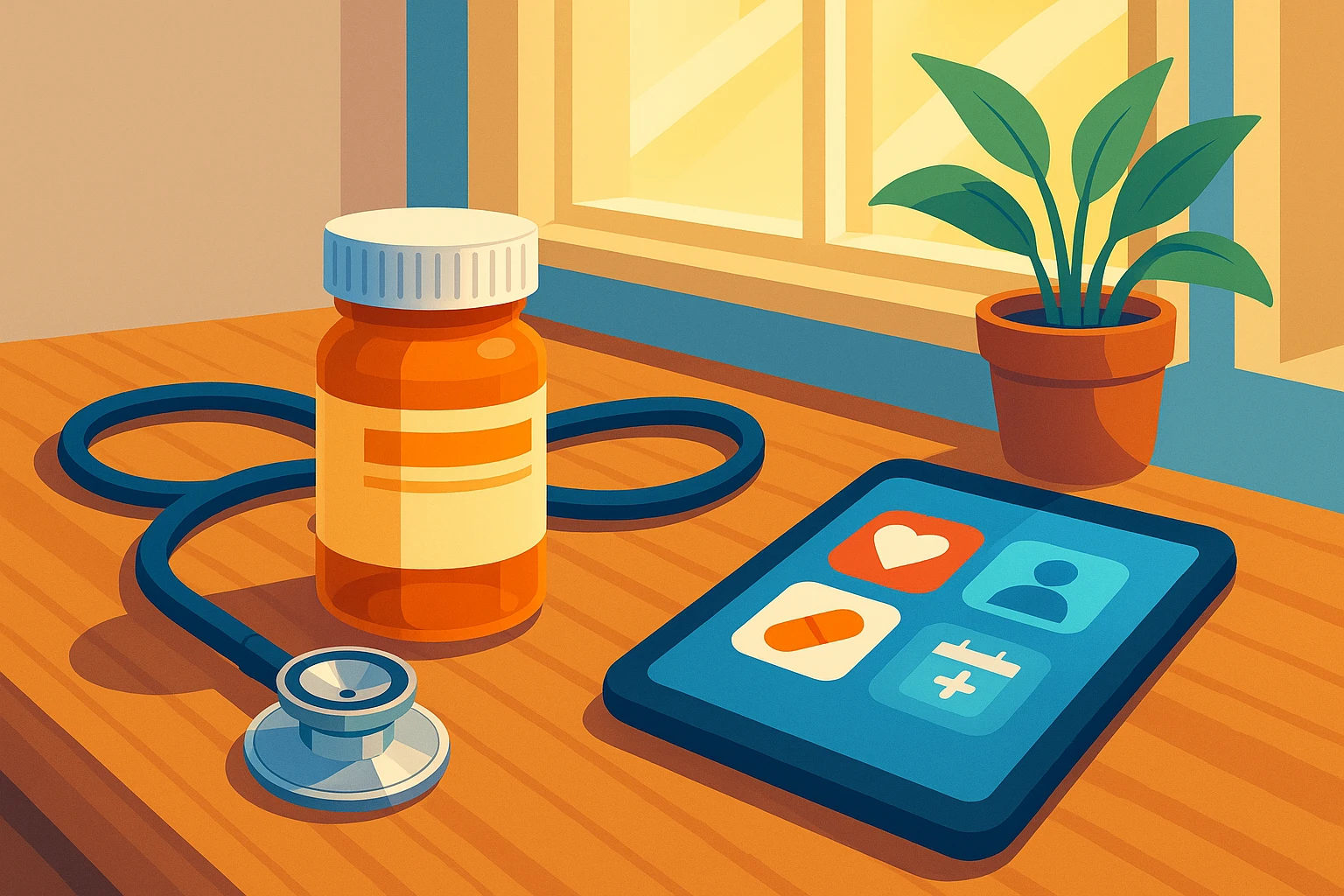 A wooden kitchen table with a prescription medication bottle labeled for UTI treatment, surrounded by a stethoscope and a tablet displaying health apps, with a sunlit window and a potted plant in the background.