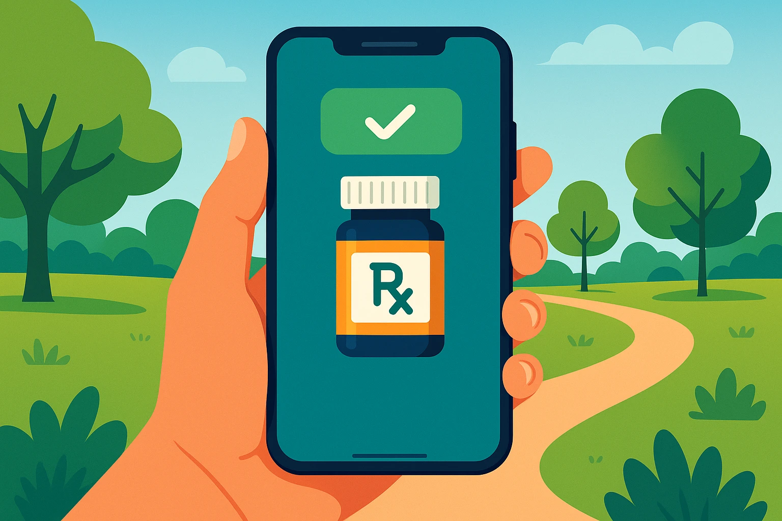 A close-up of a smartphone held in a hand against a backdrop of a lush green park, displaying a telehealth app with an icon of a pill bottle and 