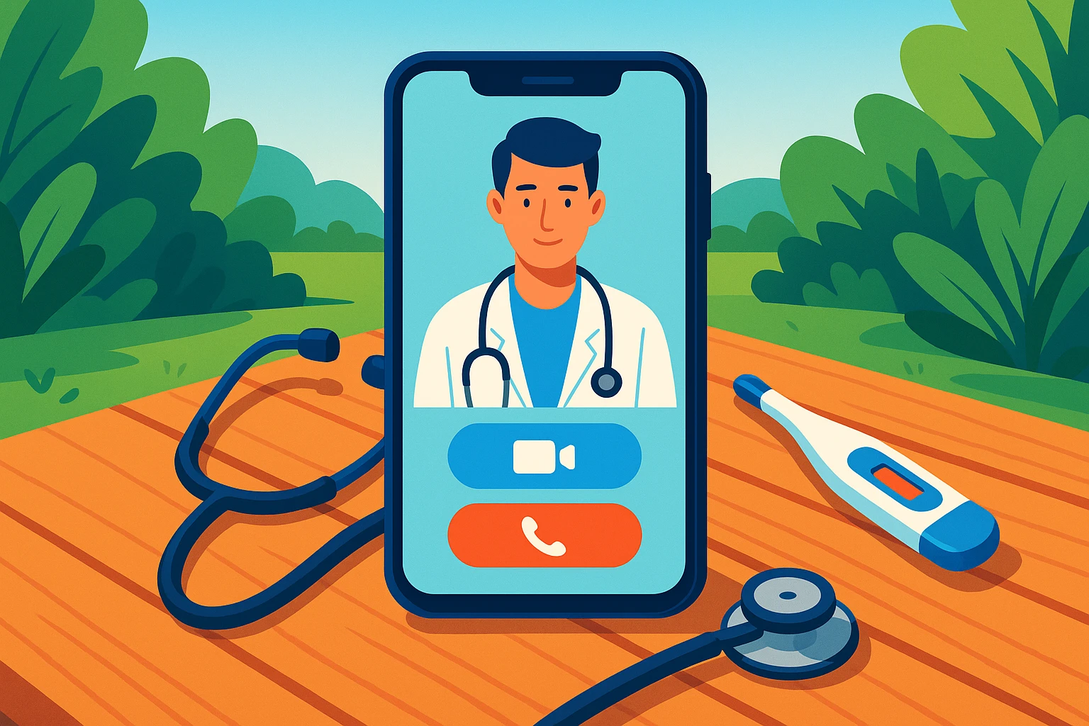 A smartphone displaying a telemedicine app on screen, surrounded by medical tools such as a stethoscope and a thermometer, placed on a wooden outdoor picnic table with greenery in the background.