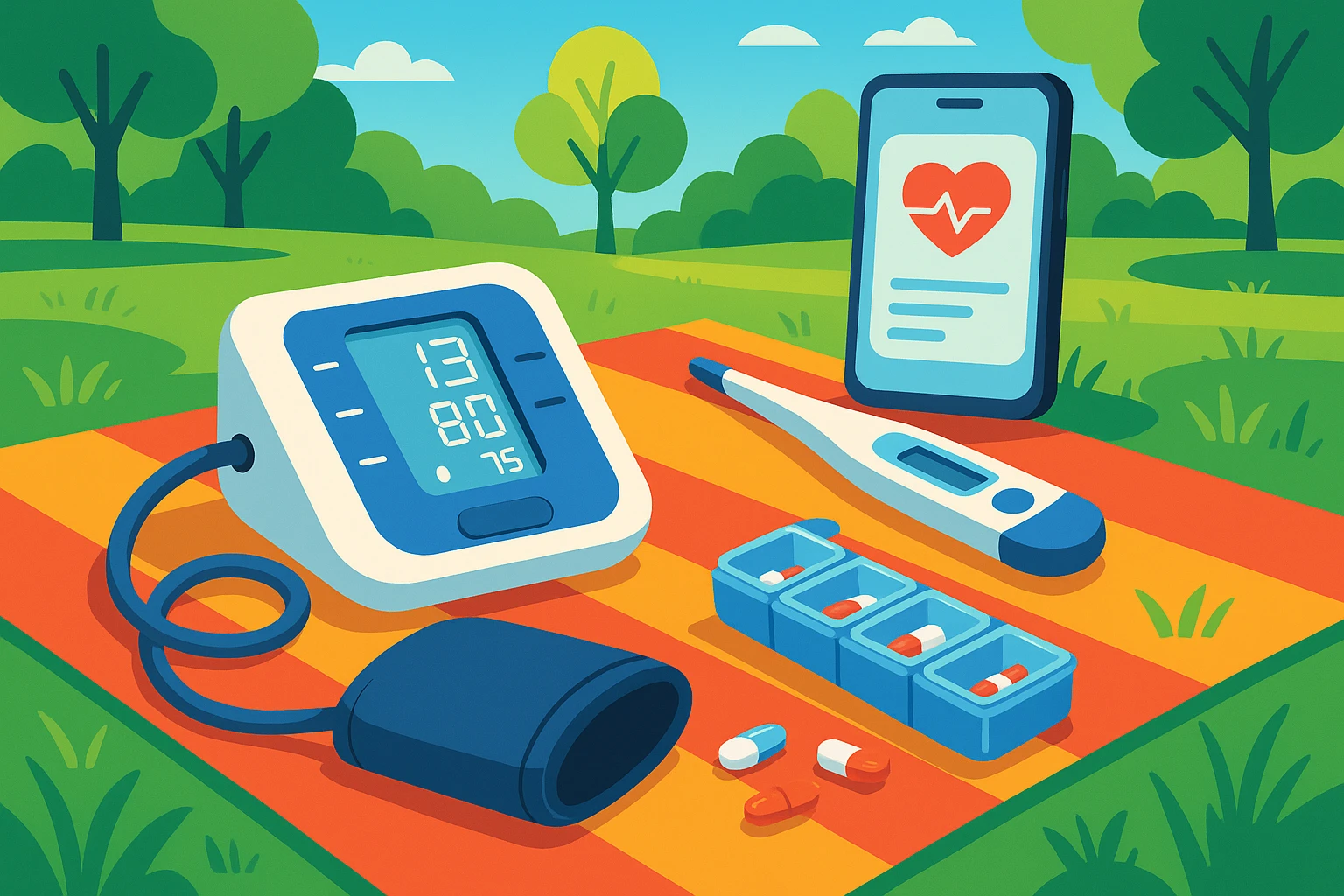 A set of medical supplies including a blood pressure monitor, digital thermometer, and a pill organizer spread out on a vibrant picnic blanket in a sunny park setting, with a smartphone showing a health app screen in the background.