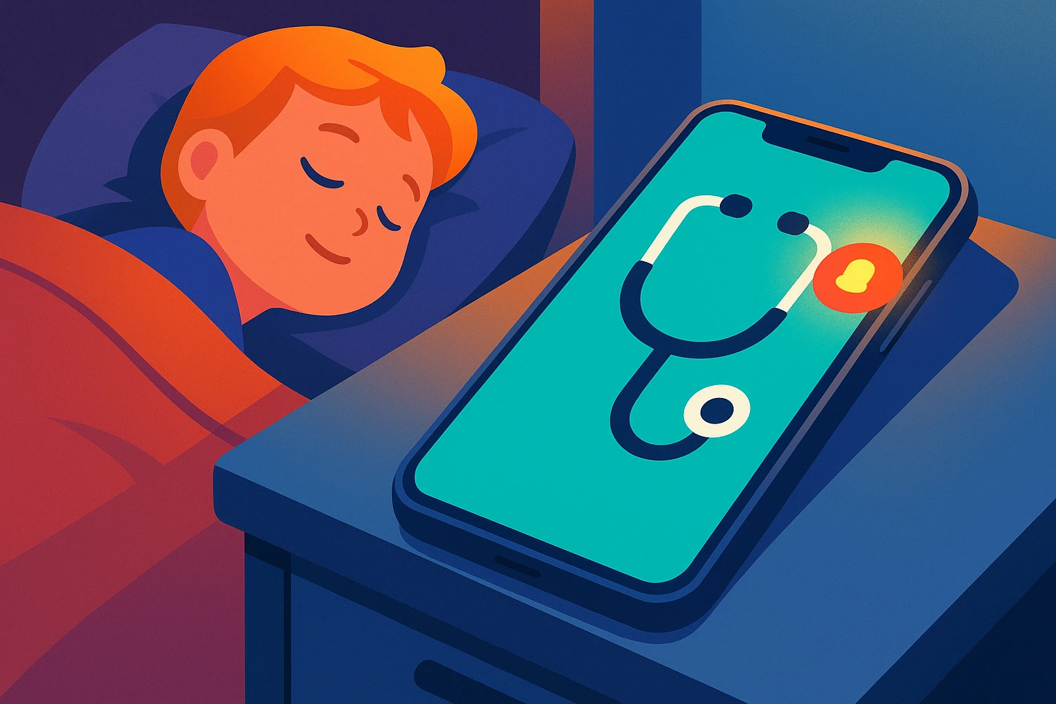 A close-up of a smartphone resting on a nightstand next to a sleeping child, displaying a digital doctor app with a stethoscope icon and glowing notification badge.