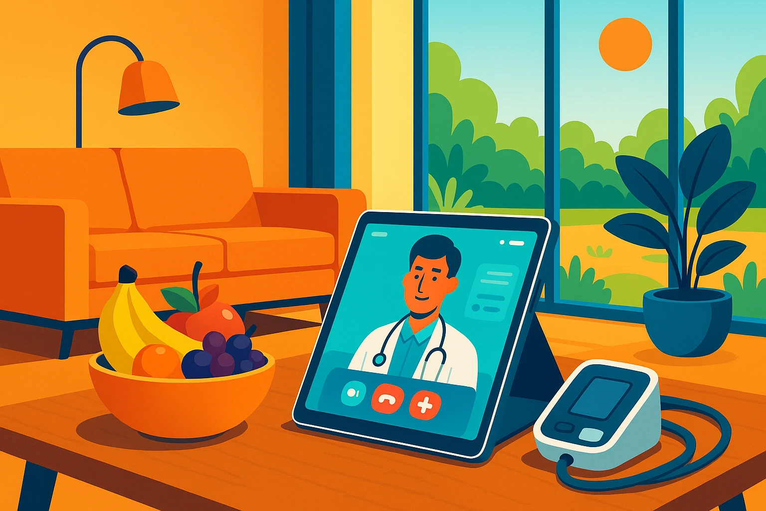 A modern living room with a tablet on a coffee table displaying a vibrant digital doctor app interface, next to a bowl of fresh fruit and a blood pressure monitor, with large windows showing a sunny garden outside.